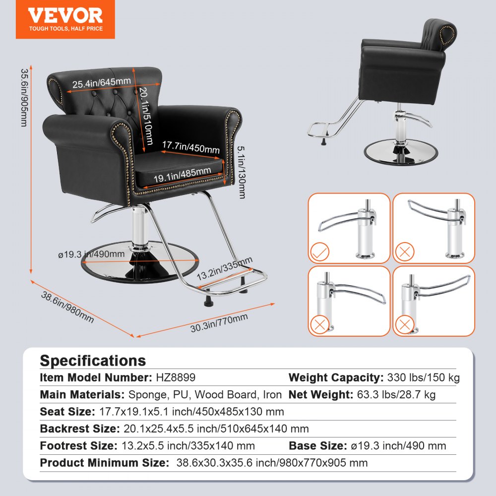 VEVOR Barber Chair, 150 kg Weight Capacity, Sponge/PU Leather, Wooden Top, Iron, Height-Adjustable, 360° Swivel, Barber Chair, Hairdressing Equipment, 98 x 77 x 90.5 cm