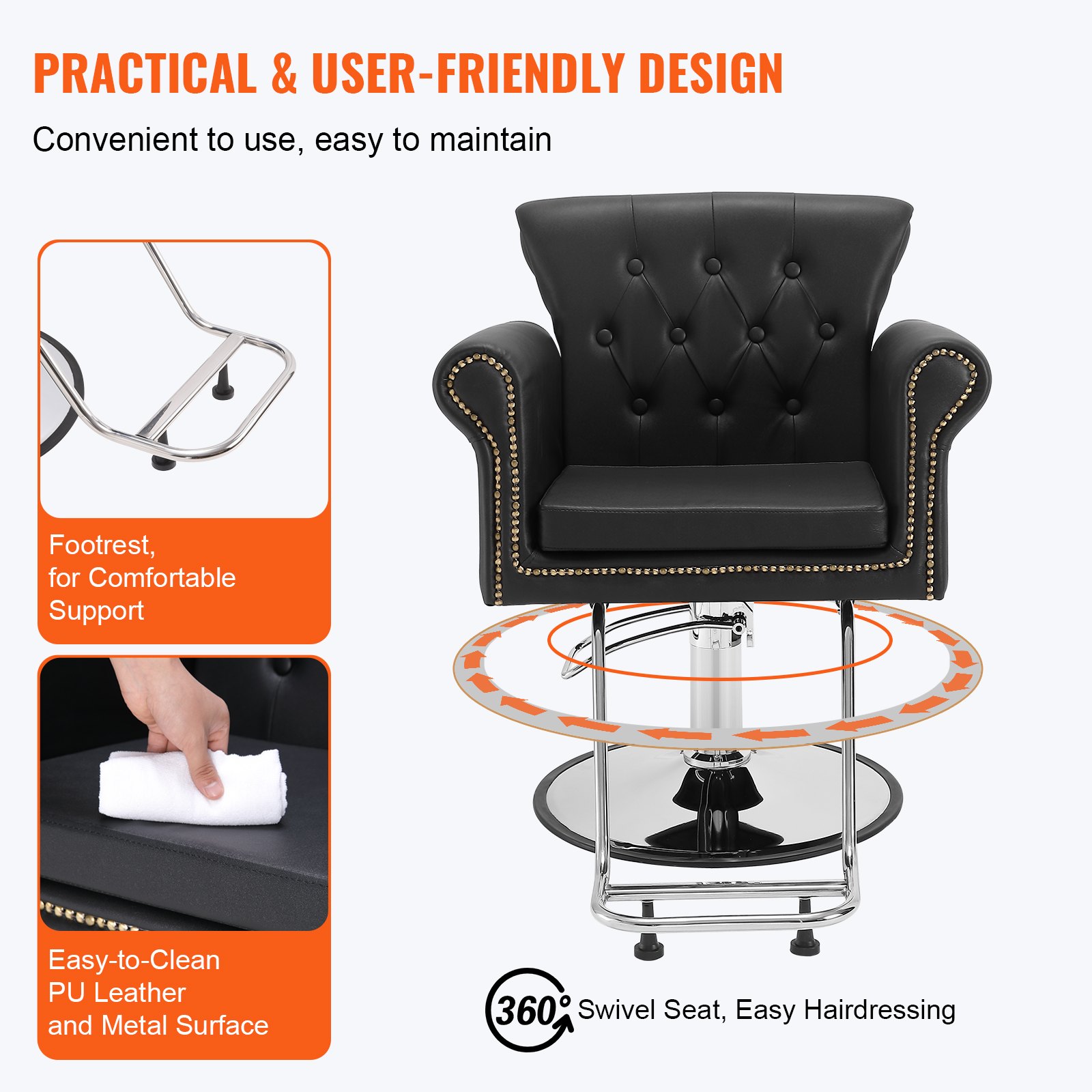 VEVOR Barber Chair, 150 kg Weight Capacity, Sponge/PU Leather, Wooden Top, Iron, Height-Adjustable, 360° Swivel, Barber Chair, Hairdressing Equipment, 98 x 77 x 90.5 cm