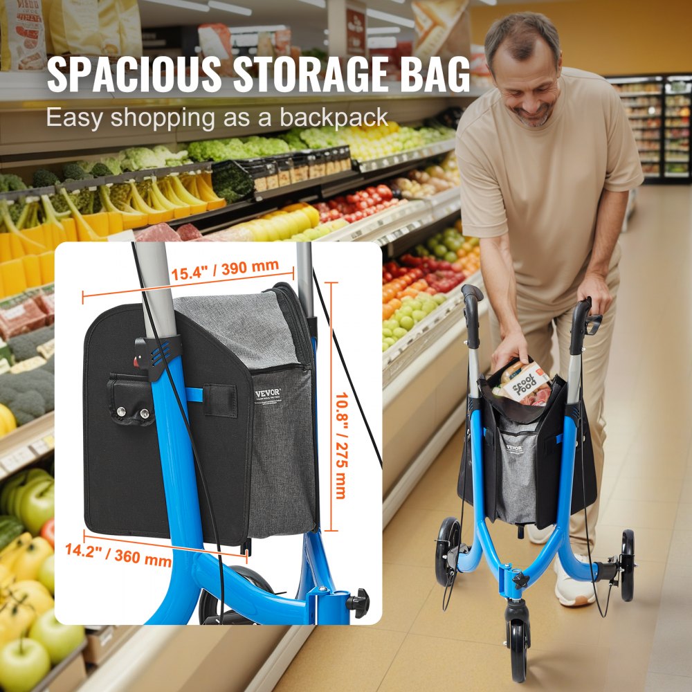 VEVOR Andador con Ruedas de 3 Ruedas para Personas Mayores, Andador con Ruedas Plegable de Aluminio Liviano con Mango Ajustable, Andador con Ruedas Grandes y Bolsa de Almacenamiento Espaciosa, Azul