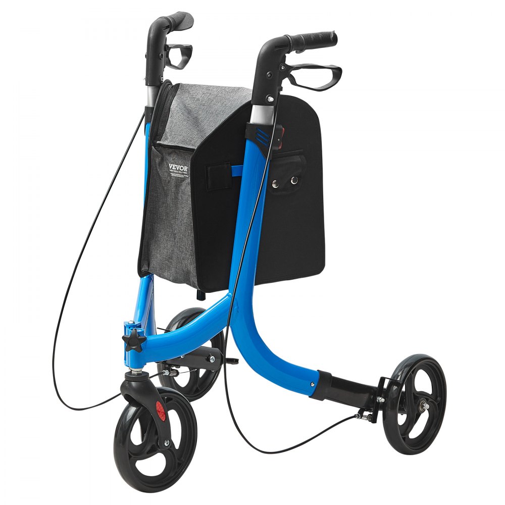 VEVOR Andador con Ruedas de 3 Ruedas para Personas Mayores, Andador con Ruedas Plegable de Aluminio Liviano con Mango Ajustable, Andador con Ruedas Grandes y Bolsa de Almacenamiento Espaciosa, Azul