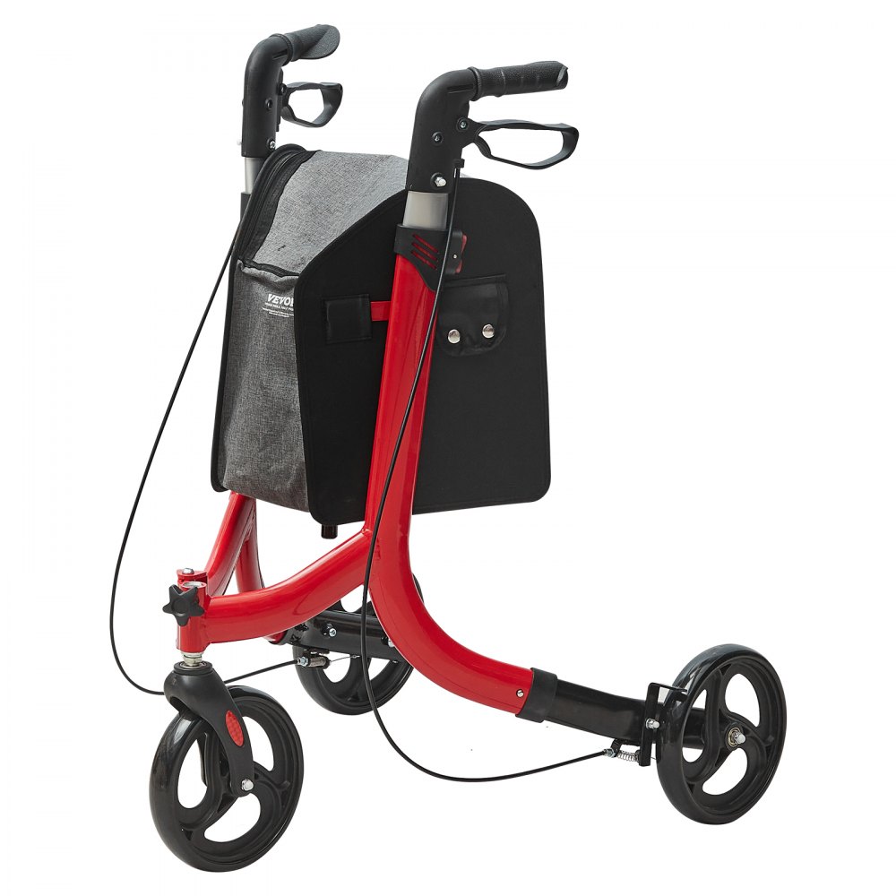 VEVOR Andador con Ruedas de 3 Ruedas para Personas Mayores, Andador con Ruedas Plegable de Aluminio Liviano con Mango Ajustable, Andador con Ruedas Grandes y Bolsa de Almacenamiento Espaciosa, Rojo