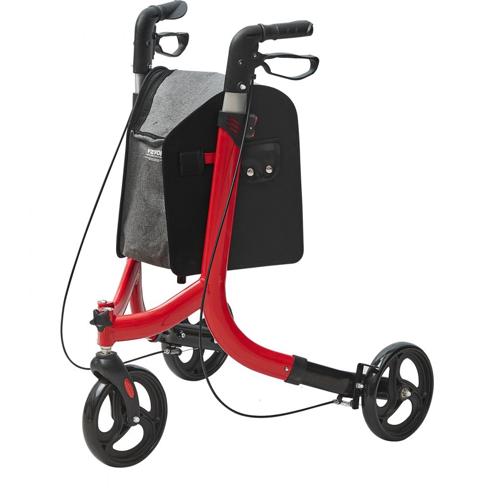 VEVOR Andador con Ruedas de 3 Ruedas para Personas Mayores, Andador con Ruedas Plegable de Aluminio Liviano con Mango Ajustable, Andador con Ruedas Grandes y Bolsa de Almacenamiento Espaciosa, Rojo