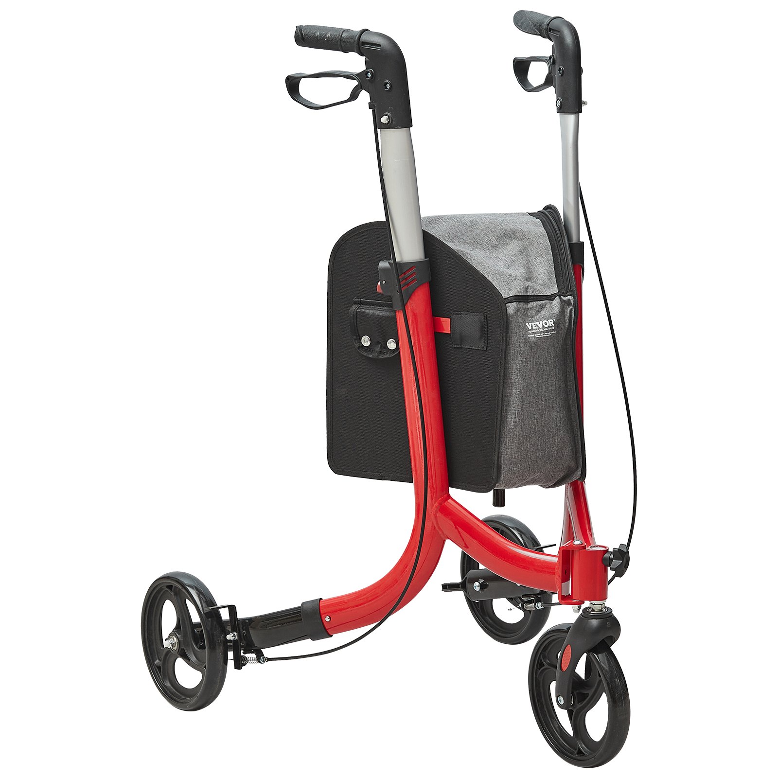 VEVOR Andador con Ruedas de 3 Ruedas para Personas Mayores, Andador con Ruedas Plegable de Aluminio Liviano con Mango Ajustable, Andador con Ruedas Grandes y Bolsa de Almacenamiento Espaciosa, Rojo