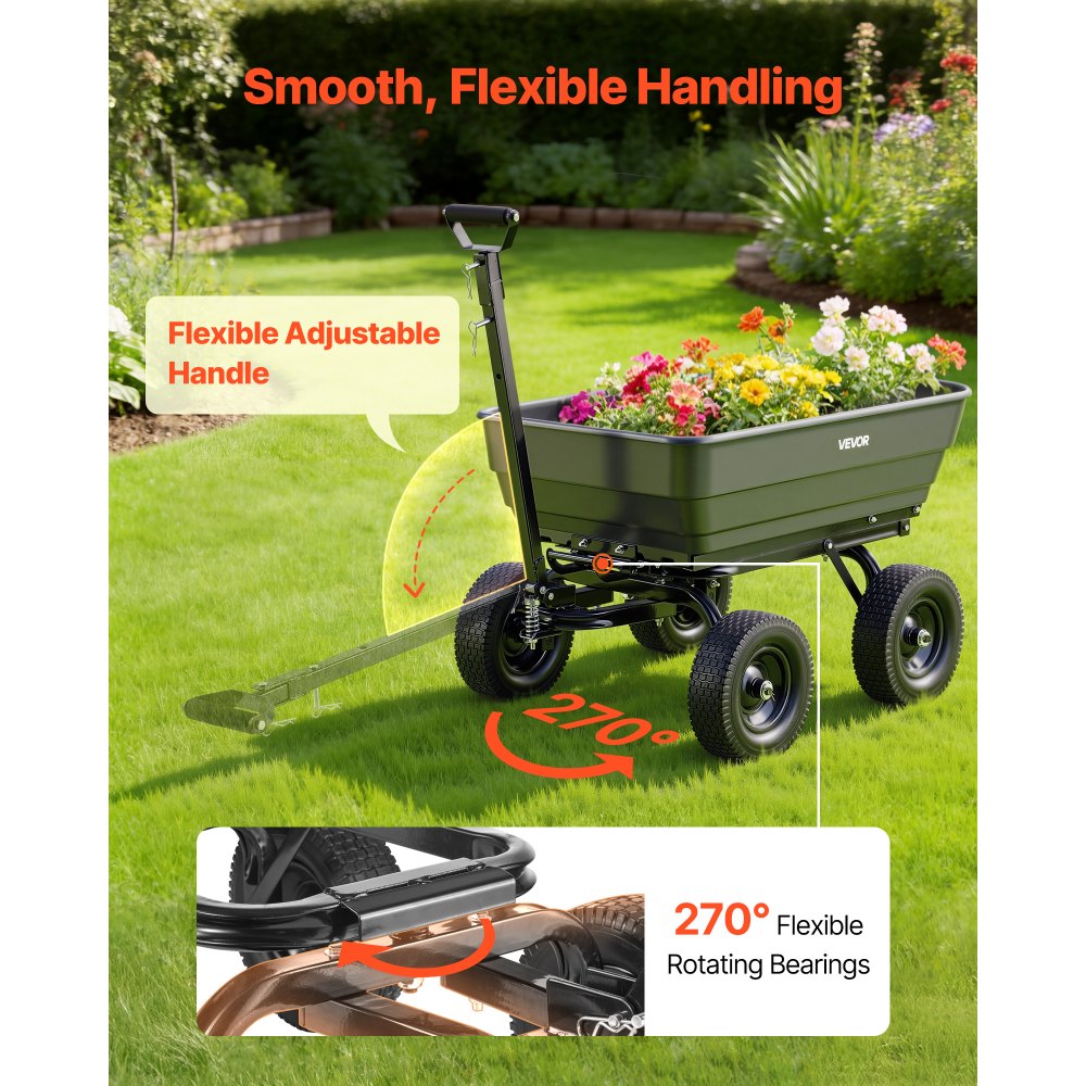 VEVOR Carro de Jardín Basculante Capacidad de Carga 544 kg Carrito de Mano, para Herramientas Jardinería Construcción, Carretilla de Transporte con Mango Flexible, Ruedas Todo Terreno, Marco de Acero