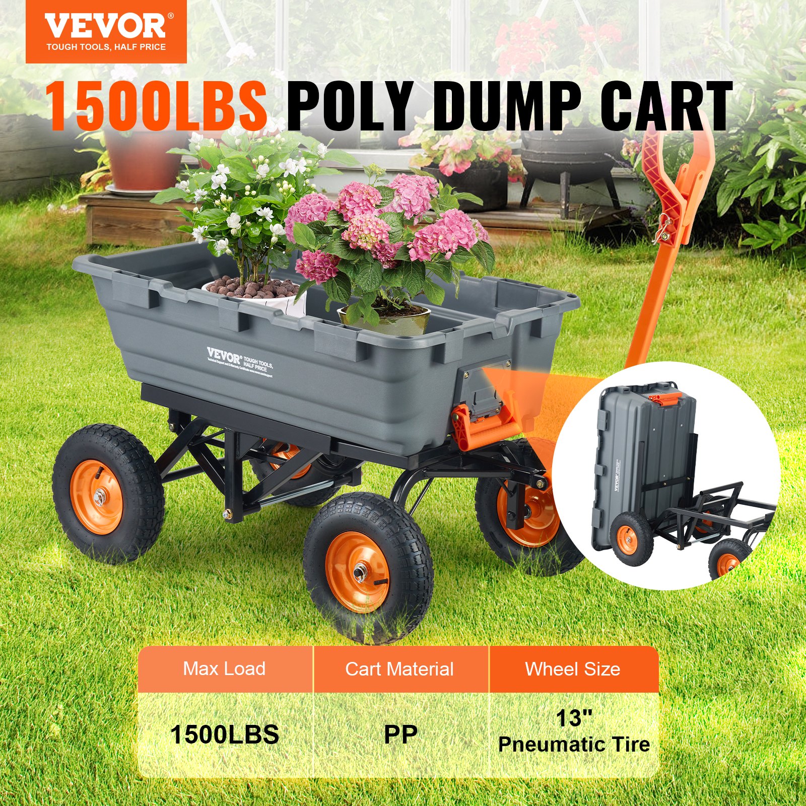 Carro volcador VEVOR, carro volcador de polietileno para jardín con marco de acero fácil de montar, vagón volcador con mango convertible 2 en 1, carretilla utilitaria de 1500 libras de capacidad, neumáticos de 13 pulgadas