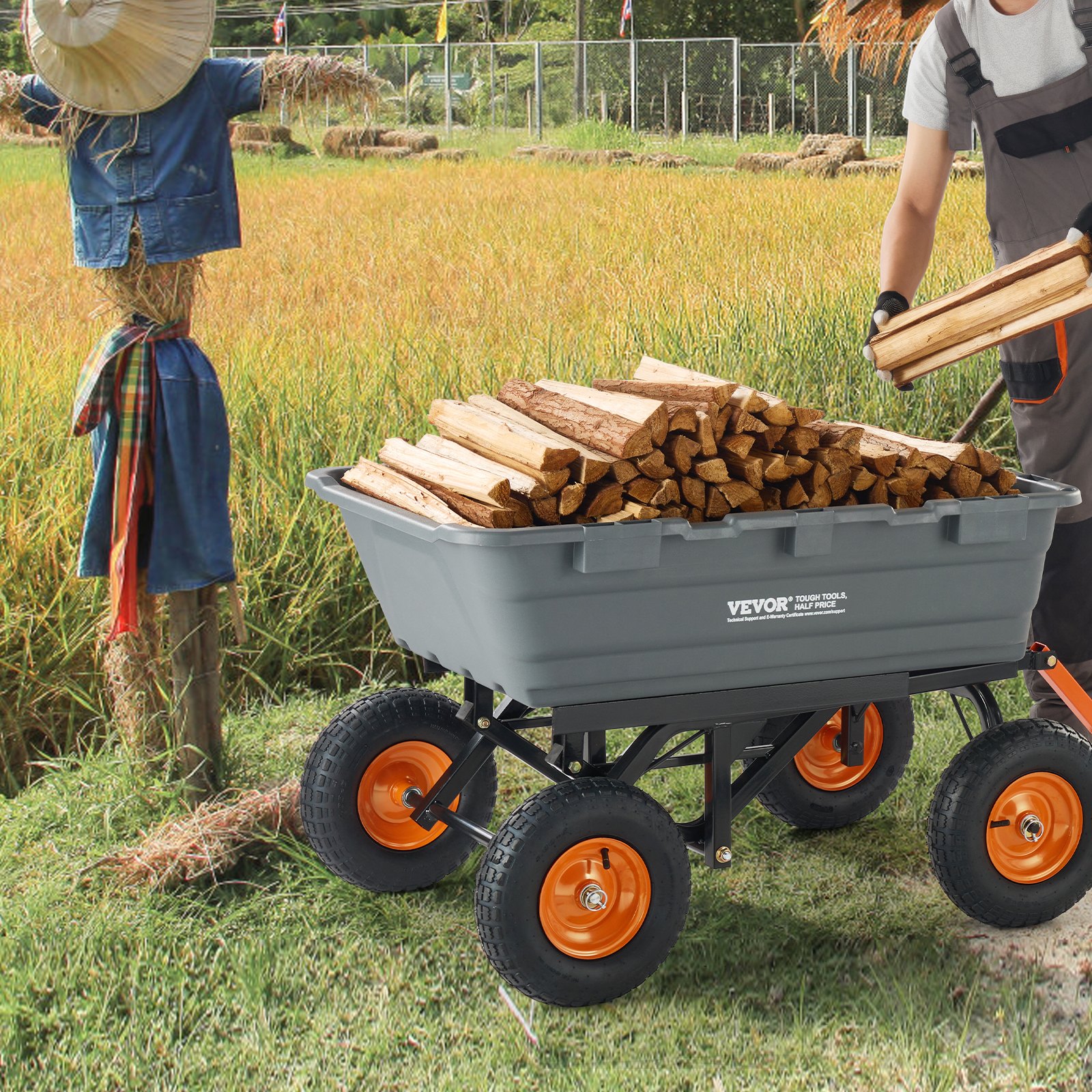 Carro volcador VEVOR, carro volcador de polietileno para jardín con marco de acero fácil de montar, vagón volcador con mango convertible 2 en 1, carretilla utilitaria de 1500 libras de capacidad, neumáticos de 13 pulgadas