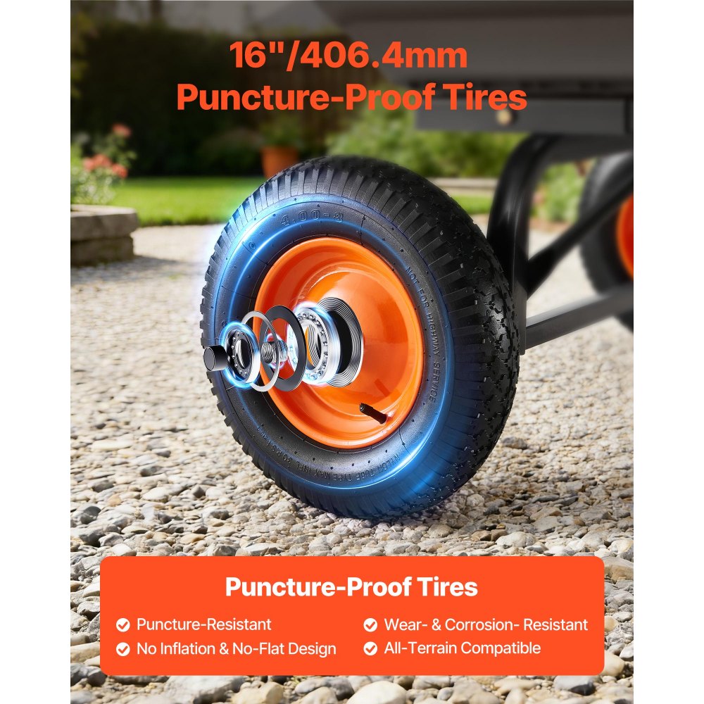 VEVOR Carro de Jardín Basculante 680 kg de Carga, Carretilla de Transporte con Valla Metálica Desmontable Mango Flexible Ruedas Todo Terreno, Carrito de Mano para Jardinería Herramientas Construcción