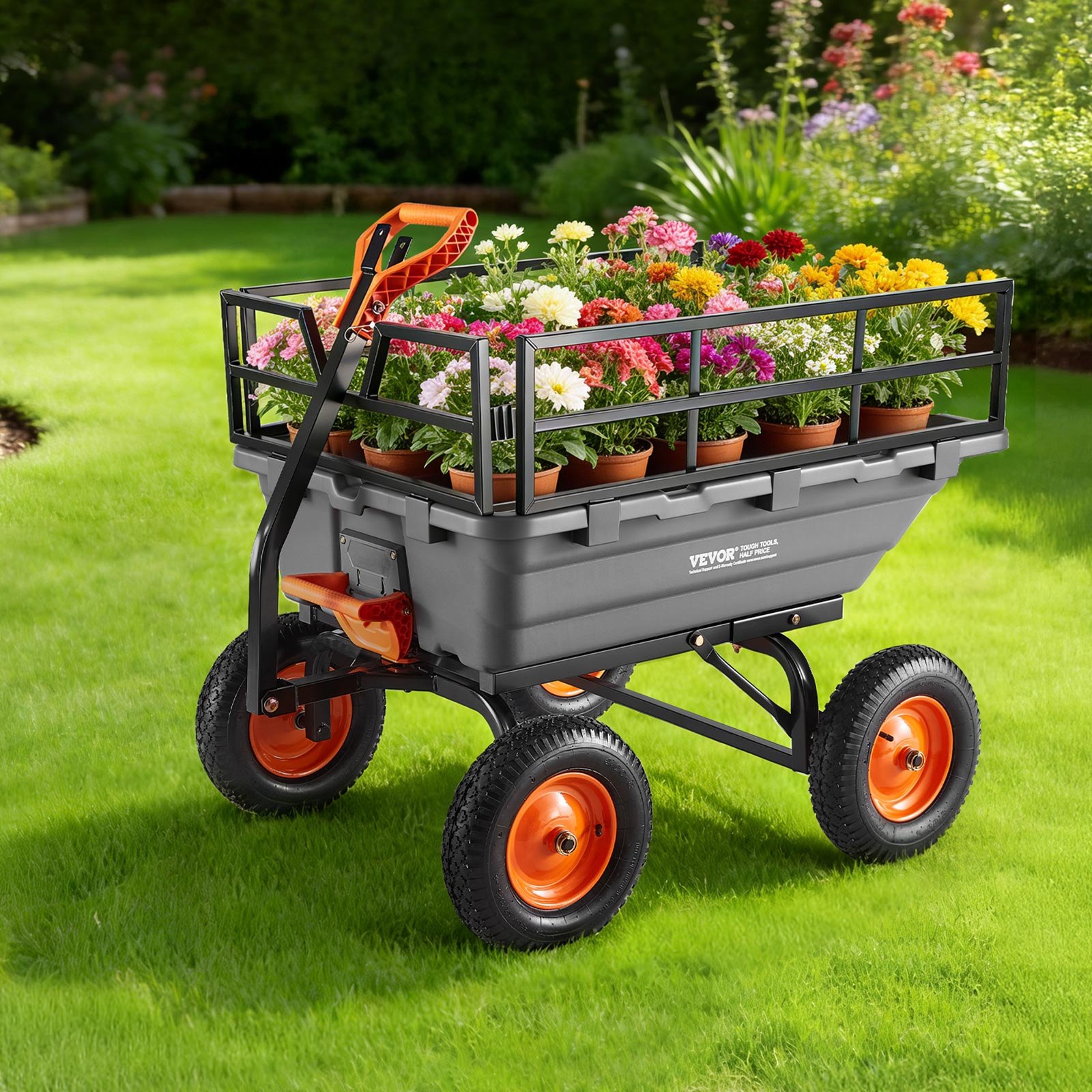 VEVOR Carro de Jardín Basculante 680 kg de Carga, Carretilla de Transporte con Valla Metálica Desmontable Mango Flexible Ruedas Todo Terreno, Carrito de Mano para Jardinería Herramientas Construcción