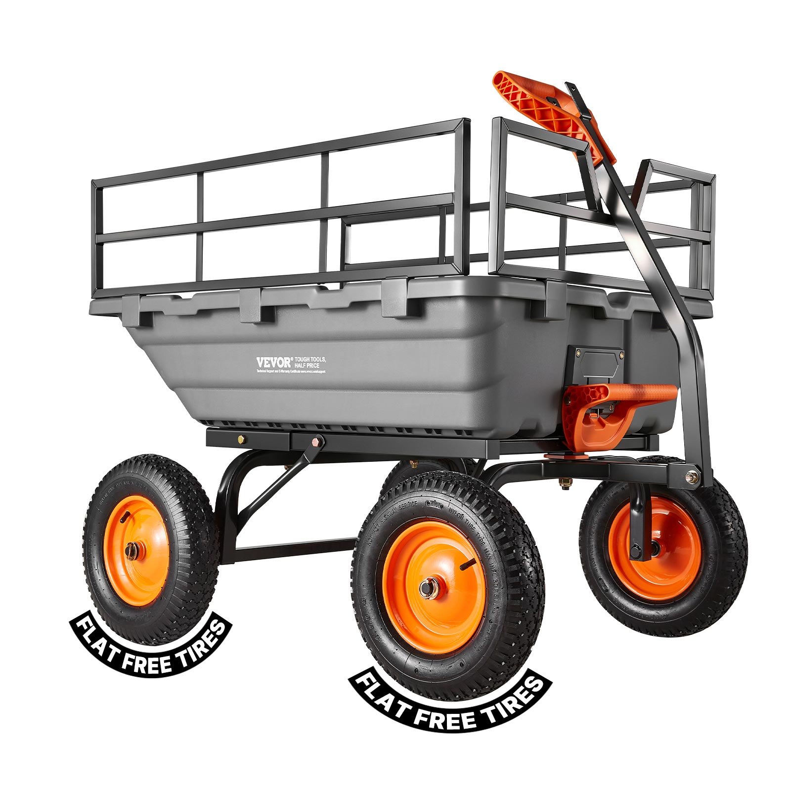 VEVOR Carro de Jardín Basculante 680 kg de Carga, Carretilla de Transporte con Valla Metálica Desmontable Mango Flexible Ruedas Todo Terreno, Carrito de Mano para Jardinería Herramientas Construcción