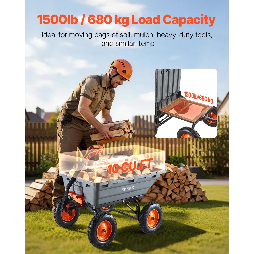 VEVOR Carro de Jardín Basculante, Capacidad de Carga 680 kg, Carretilla de Transporte con Mango Flexible Ruedas Todo Terreno, Marco de Acero, Carro de Mano para Herramientas Jardinería Construcción