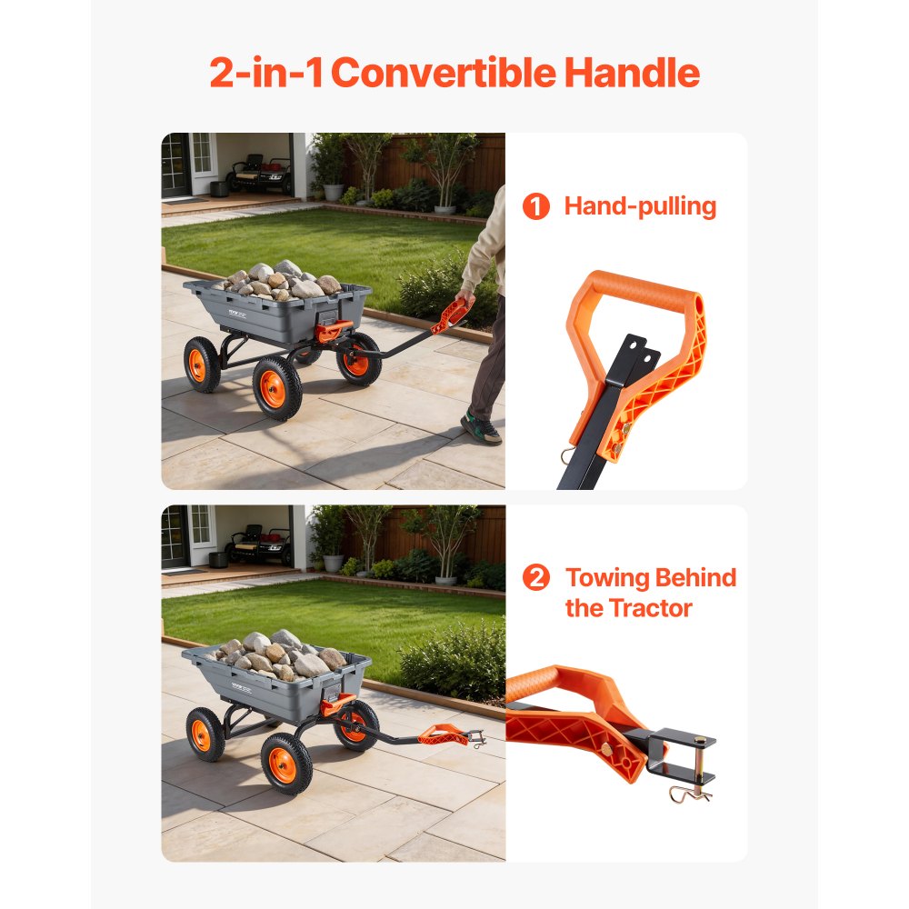 VEVOR Carro de Jardín Basculante, Capacidad de Carga 680 kg, Carretilla de Transporte con Mango Flexible Ruedas Todo Terreno, Marco de Acero, Carro de Mano para Herramientas Jardinería Construcción