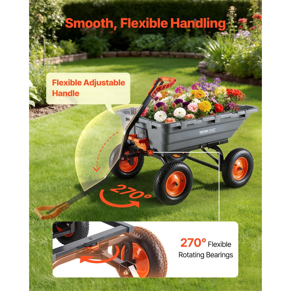 VEVOR Carro de Jardín Basculante, Capacidad de Carga 680 kg, Carretilla de Transporte con Mango Flexible Ruedas Todo Terreno, Marco de Acero, Carro de Mano para Herramientas Jardinería Construcción