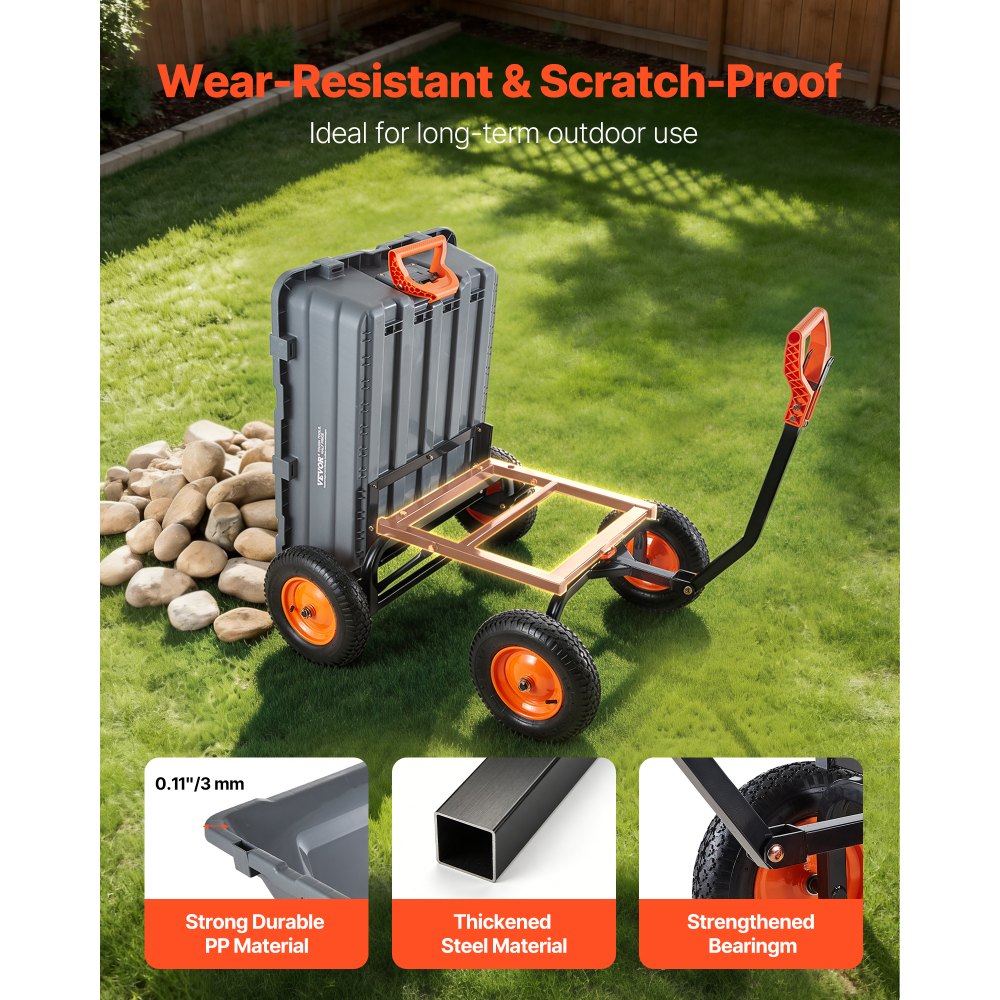 VEVOR Carro de Jardín Basculante, Capacidad de Carga 680 kg, Carretilla de Transporte con Mango Flexible Ruedas Todo Terreno, Marco de Acero, Carro de Mano para Herramientas Jardinería Construcción
