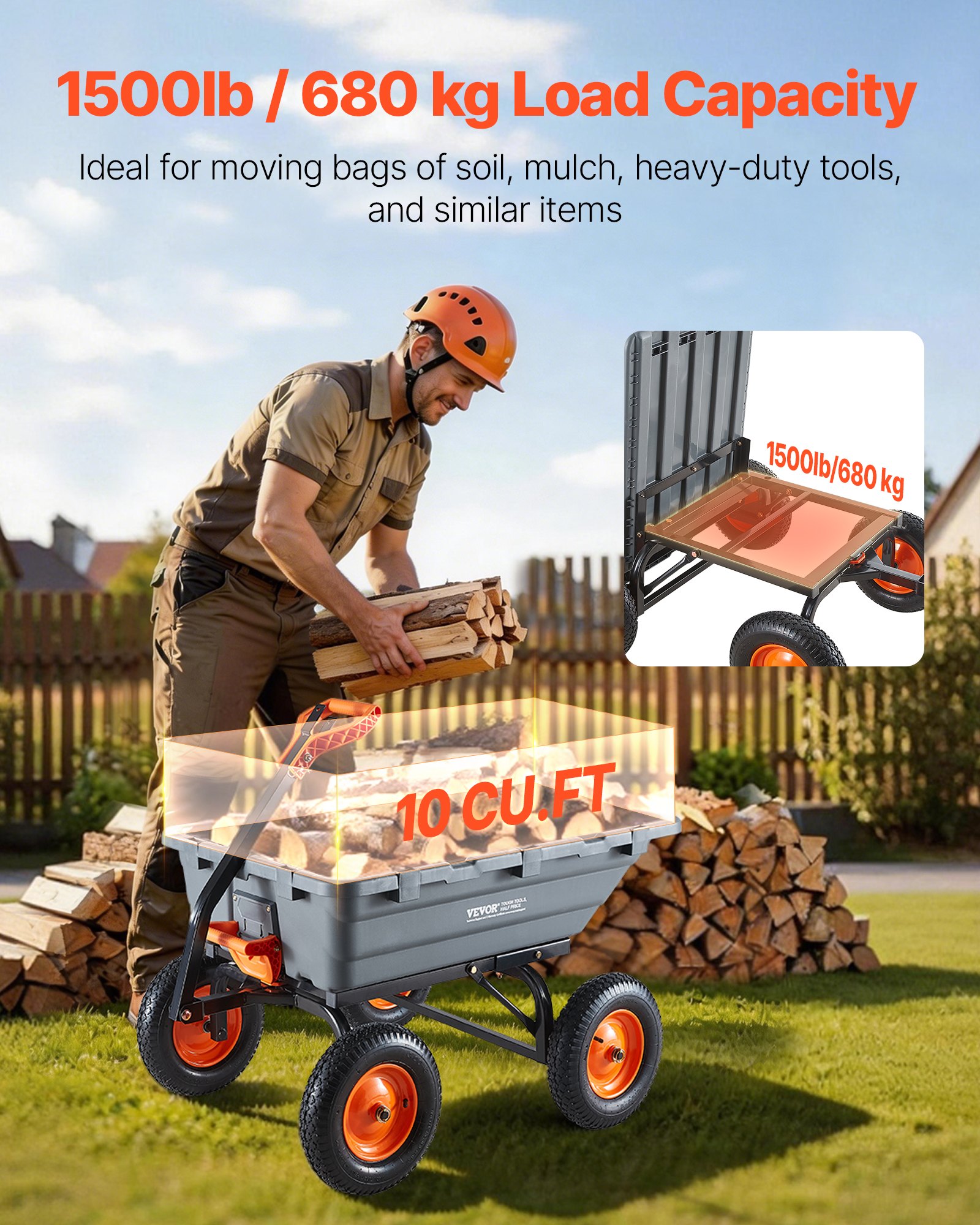 VEVOR Carro de Jardín Basculante, Capacidad de Carga 680 kg, Carretilla de Transporte con Mango Flexible Ruedas Todo Terreno, Marco de Acero, Carro de Mano para Herramientas Jardinería Construcción