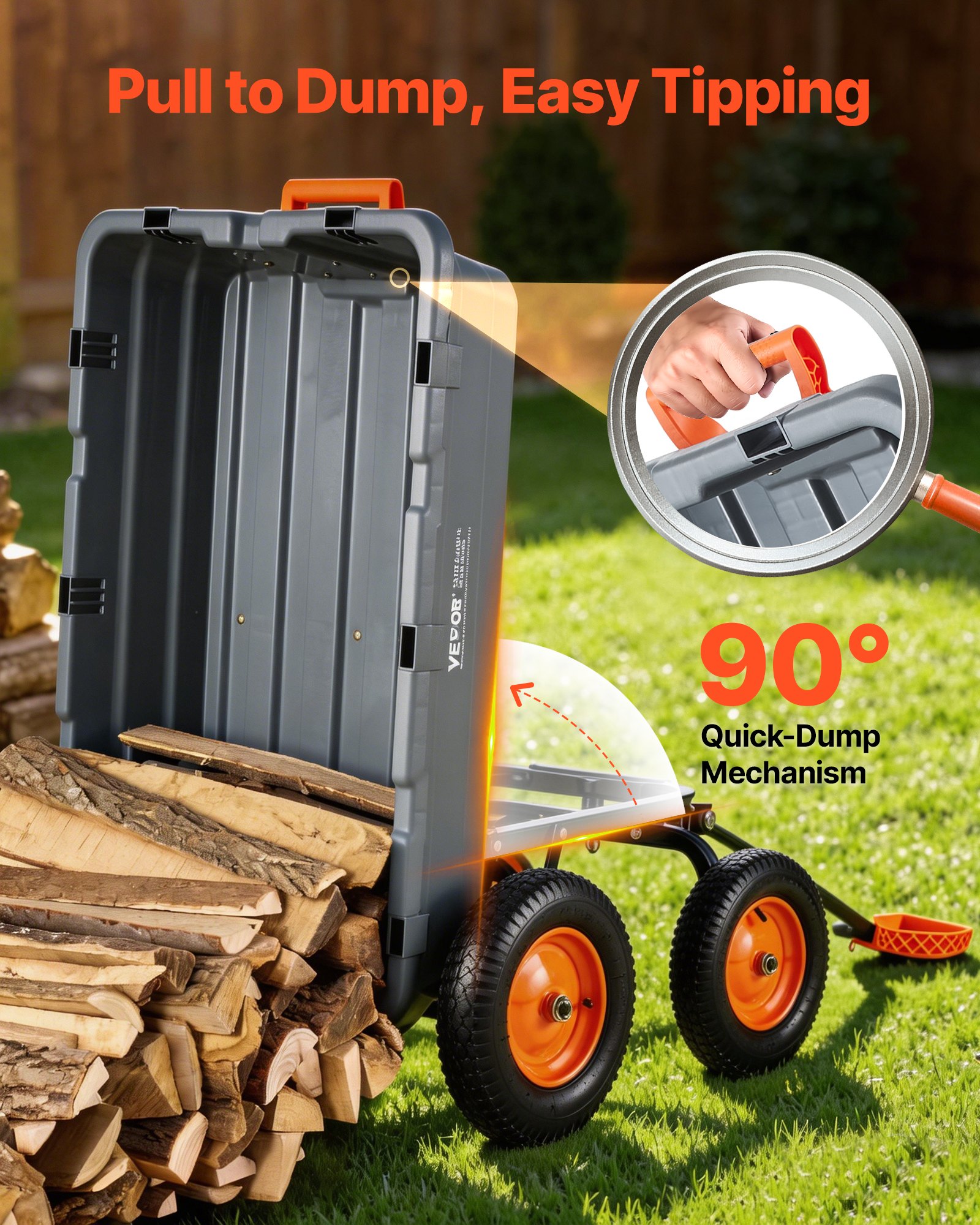 VEVOR Carro de Jardín Basculante, Capacidad de Carga 680 kg, Carretilla de Transporte con Mango Flexible Ruedas Todo Terreno, Marco de Acero, Carro de Mano para Herramientas Jardinería Construcción
