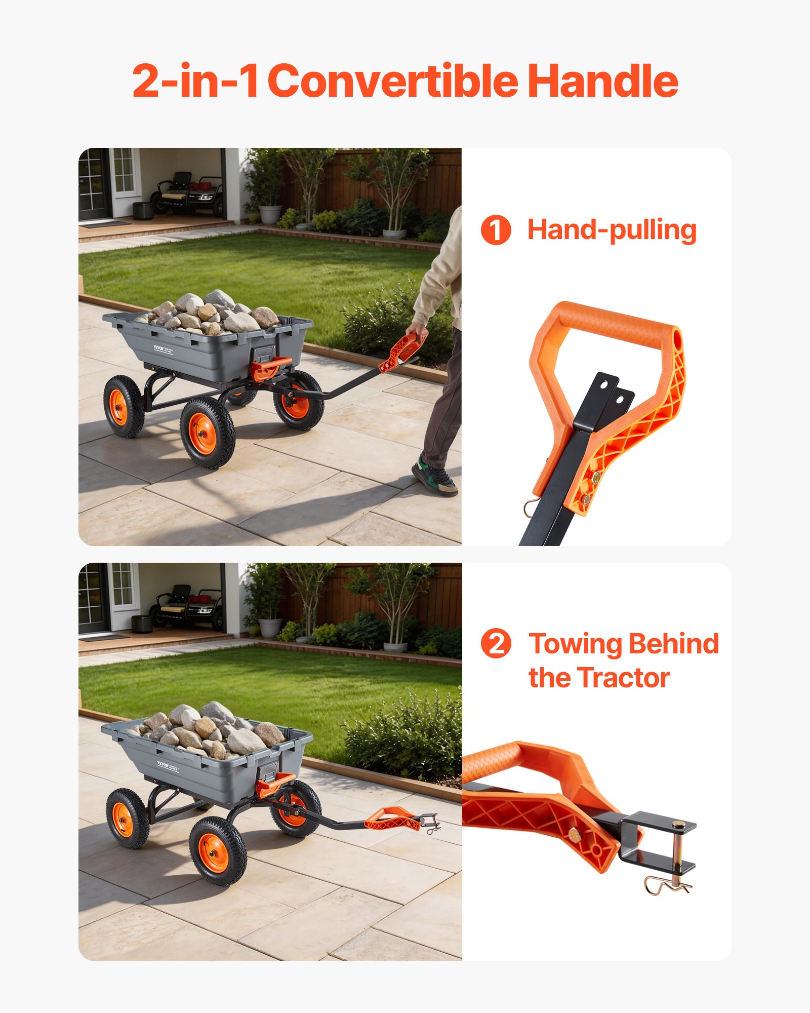 VEVOR Carro de Jardín Basculante, Capacidad de Carga 680 kg, Carretilla de Transporte con Mango Flexible Ruedas Todo Terreno, Marco de Acero, Carro de Mano para Herramientas Jardinería Construcción