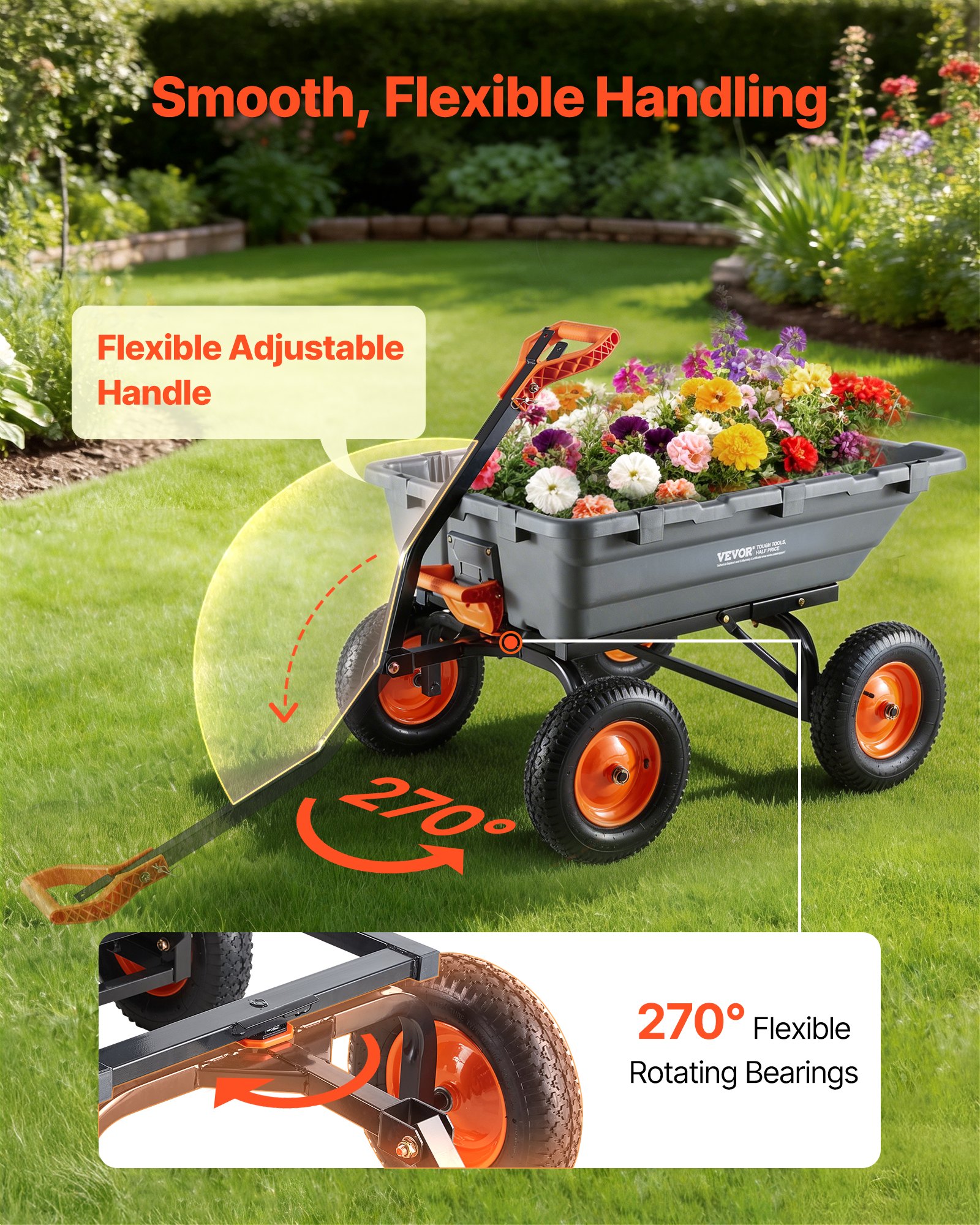VEVOR Carro de Jardín Basculante, Capacidad de Carga 680 kg, Carretilla de Transporte con Mango Flexible Ruedas Todo Terreno, Marco de Acero, Carro de Mano para Herramientas Jardinería Construcción