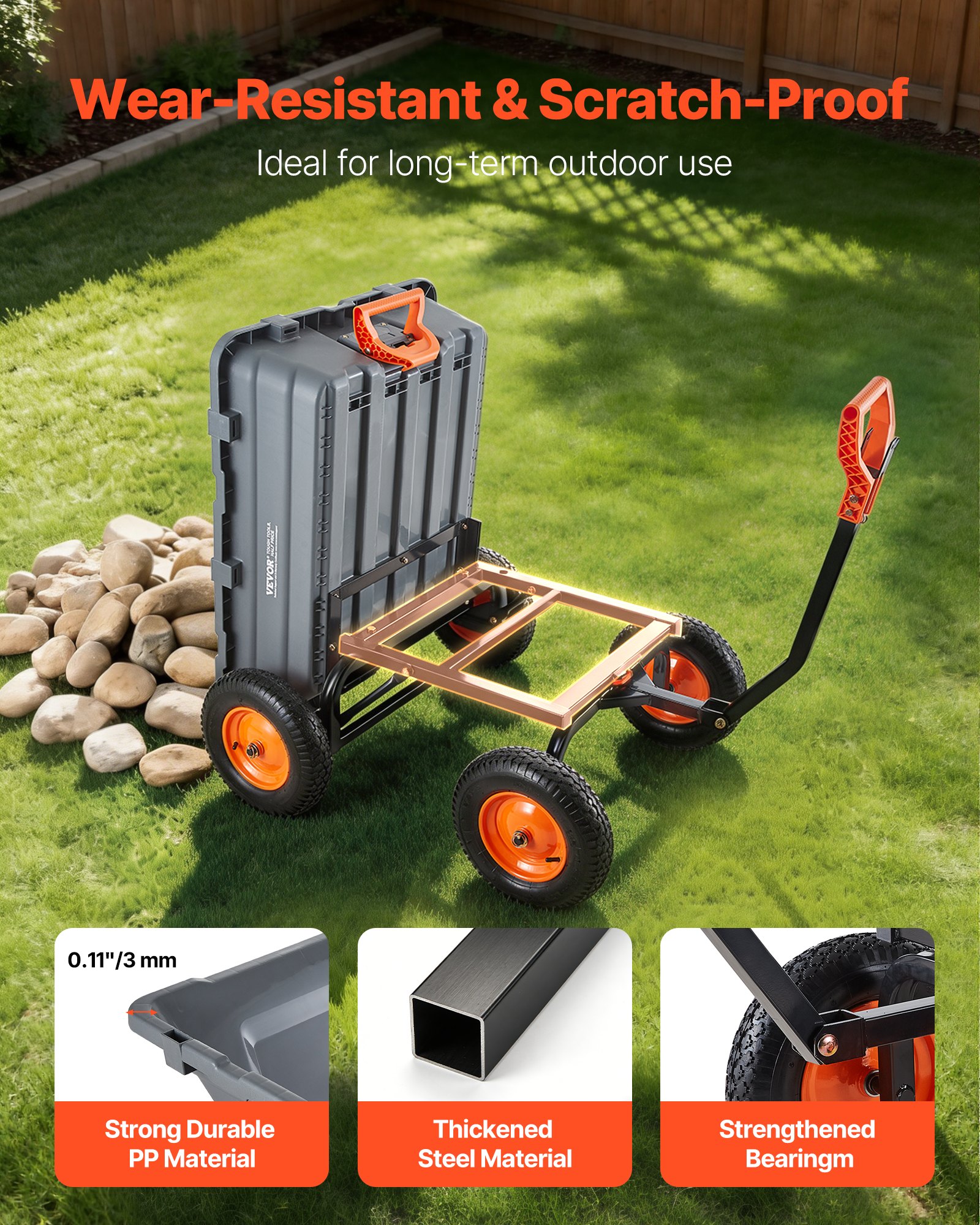 VEVOR Carro de Jardín Basculante, Capacidad de Carga 680 kg, Carretilla de Transporte con Mango Flexible Ruedas Todo Terreno, Marco de Acero, Carro de Mano para Herramientas Jardinería Construcción