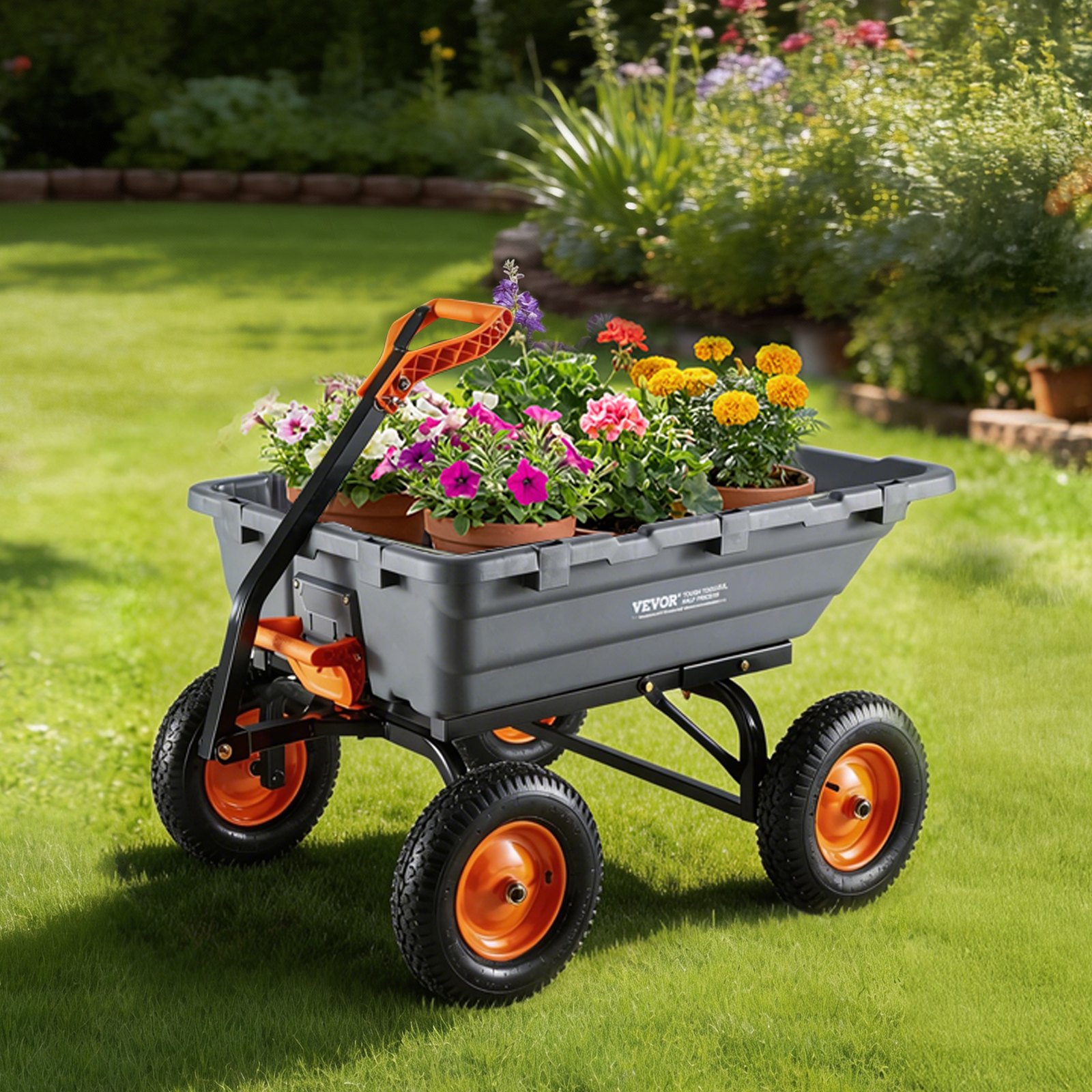 VEVOR Carro de Jardín Basculante, Capacidad de Carga 680 kg, Carretilla de Transporte con Mango Flexible Ruedas Todo Terreno, Marco de Acero, Carro de Mano para Herramientas Jardinería Construcción