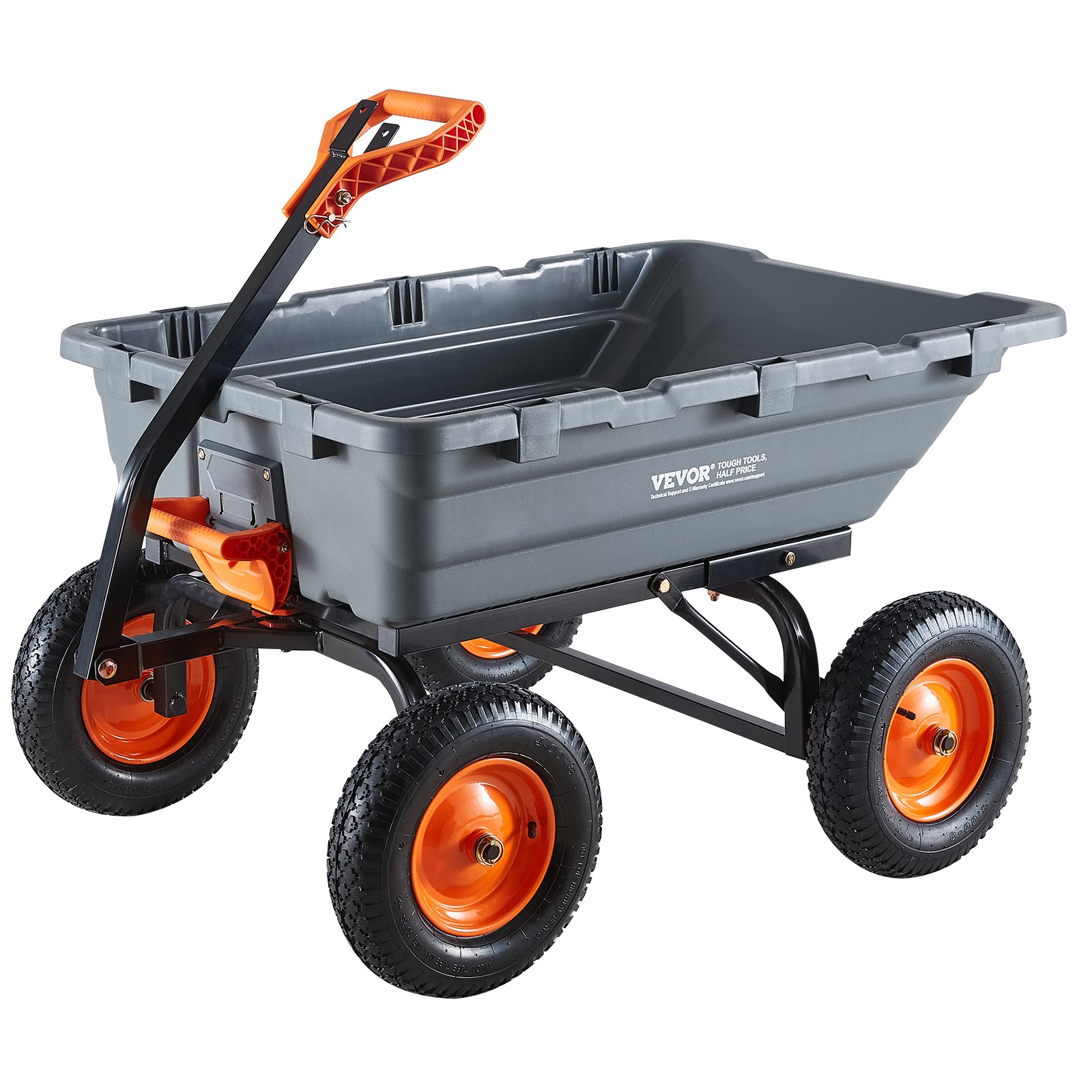 VEVOR Carro de Jardín Basculante, Capacidad de Carga 680 kg, Carretilla de Transporte con Mango Flexible Ruedas Todo Terreno, Marco de Acero, Carro de Mano para Herramientas Jardinería Construcción