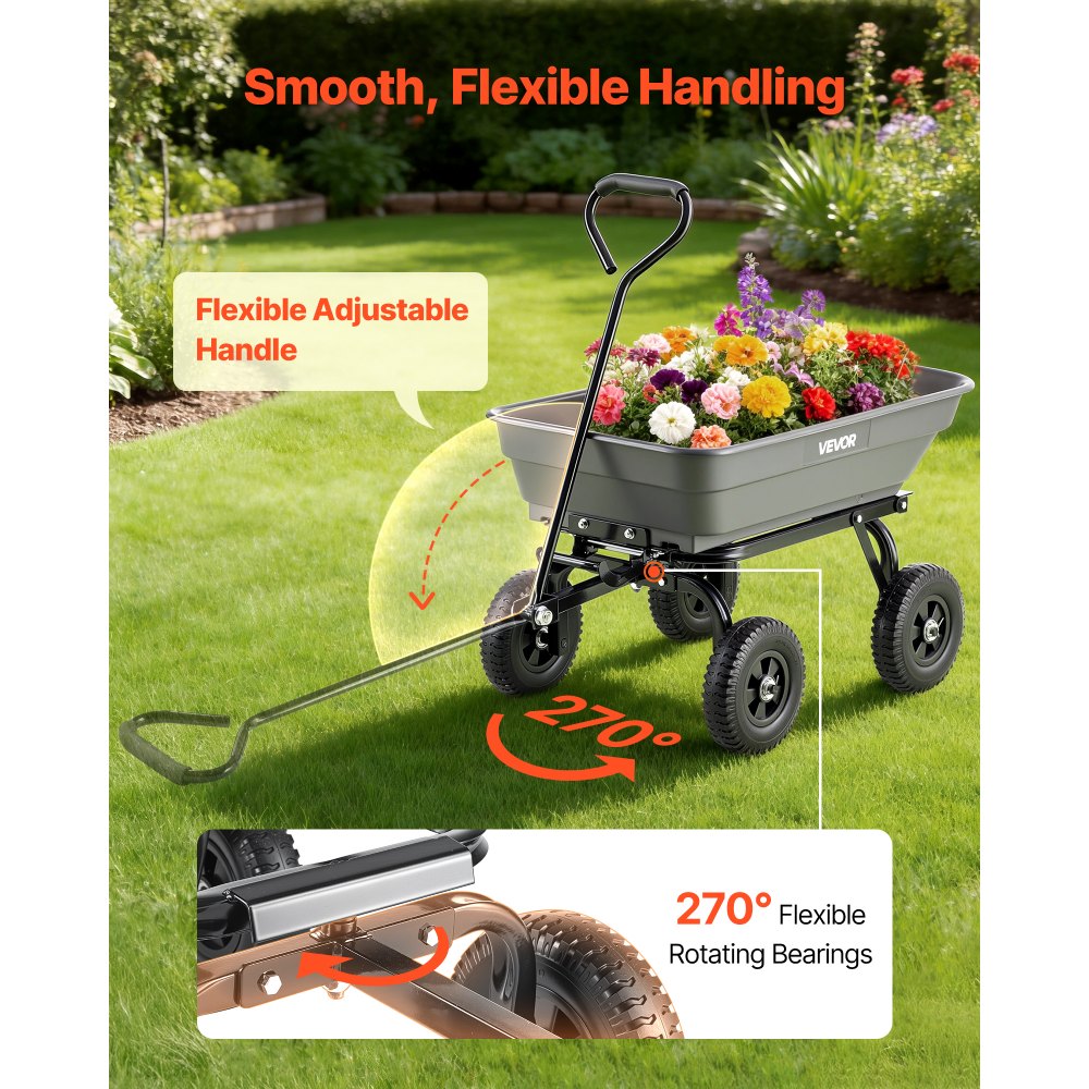 VEVOR Carro de Jardín con Función Basculante Carga de 181 kg, Carro de Jardín de Polietileno Mecanismo de Volcado de 90°, con Ruedas Giratorias de 180°, Rodamientos Flexibles de 270° para Plantas
