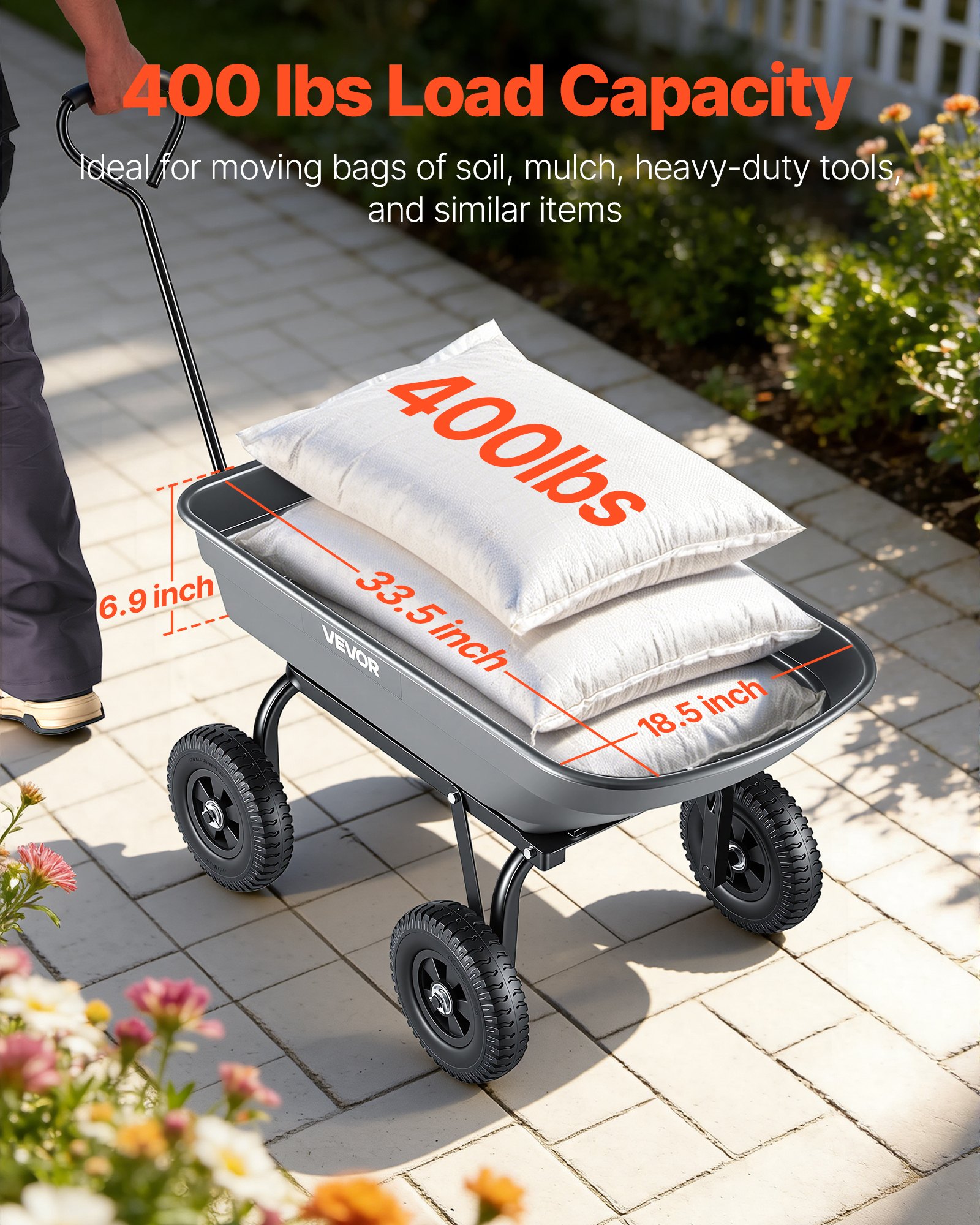 VEVOR Carro de Jardín con Función Basculante Carga de 181 kg, Carro de Jardín de Polietileno Mecanismo de Volcado de 90°, con Ruedas Giratorias de 180°, Rodamientos Flexibles de 270° para Plantas