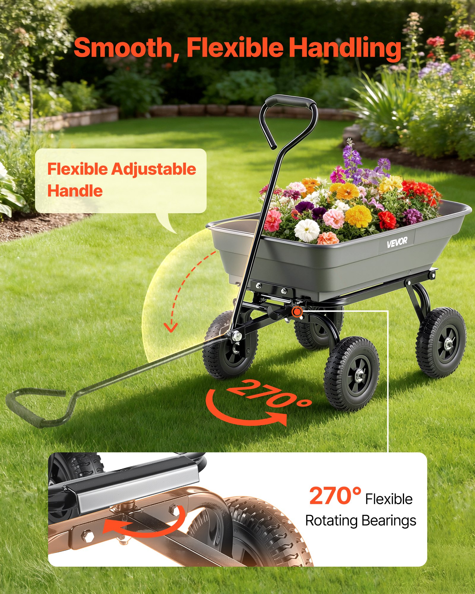 VEVOR Carro de Jardín con Función Basculante Carga de 181 kg, Carro de Jardín de Polietileno Mecanismo de Volcado de 90°, con Ruedas Giratorias de 180°, Rodamientos Flexibles de 270° para Plantas