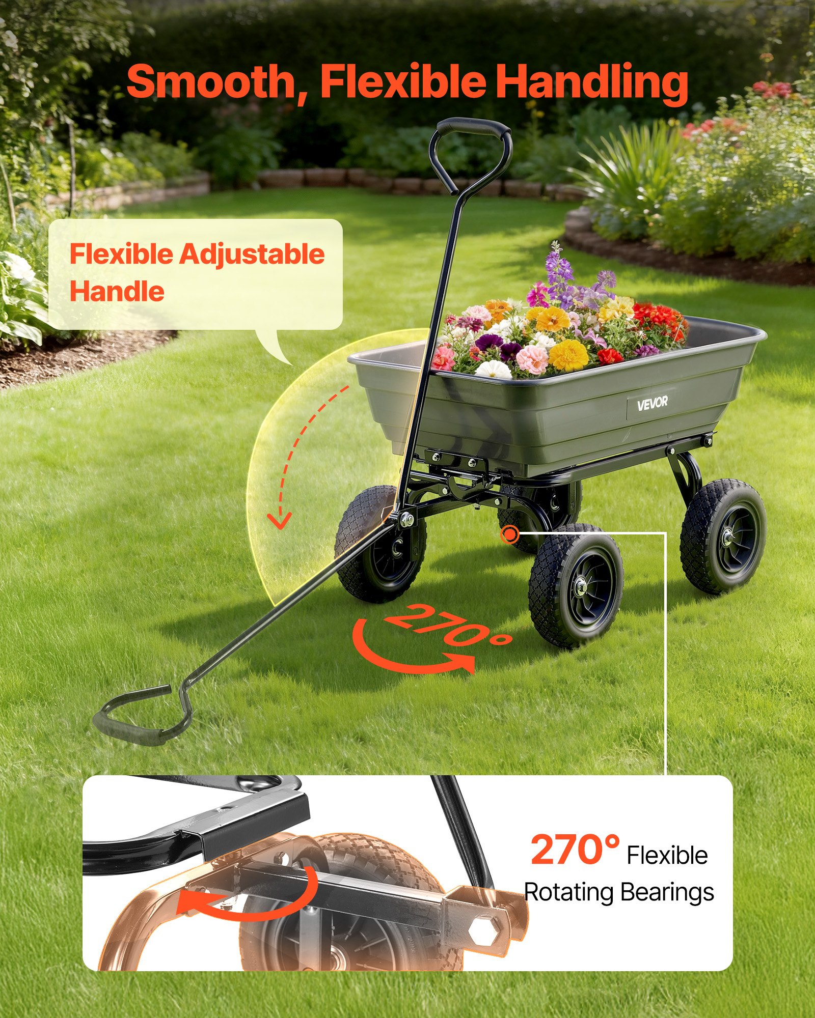 VEVOR Carro de Jardín con Función Basculante Carga de 272 kg, Carro de Jardín de Polietileno Mecanismo de Volcado de 90°, con Ruedas Giratorias de 180°, Rodamientos Flexibles de 270° para Plantas