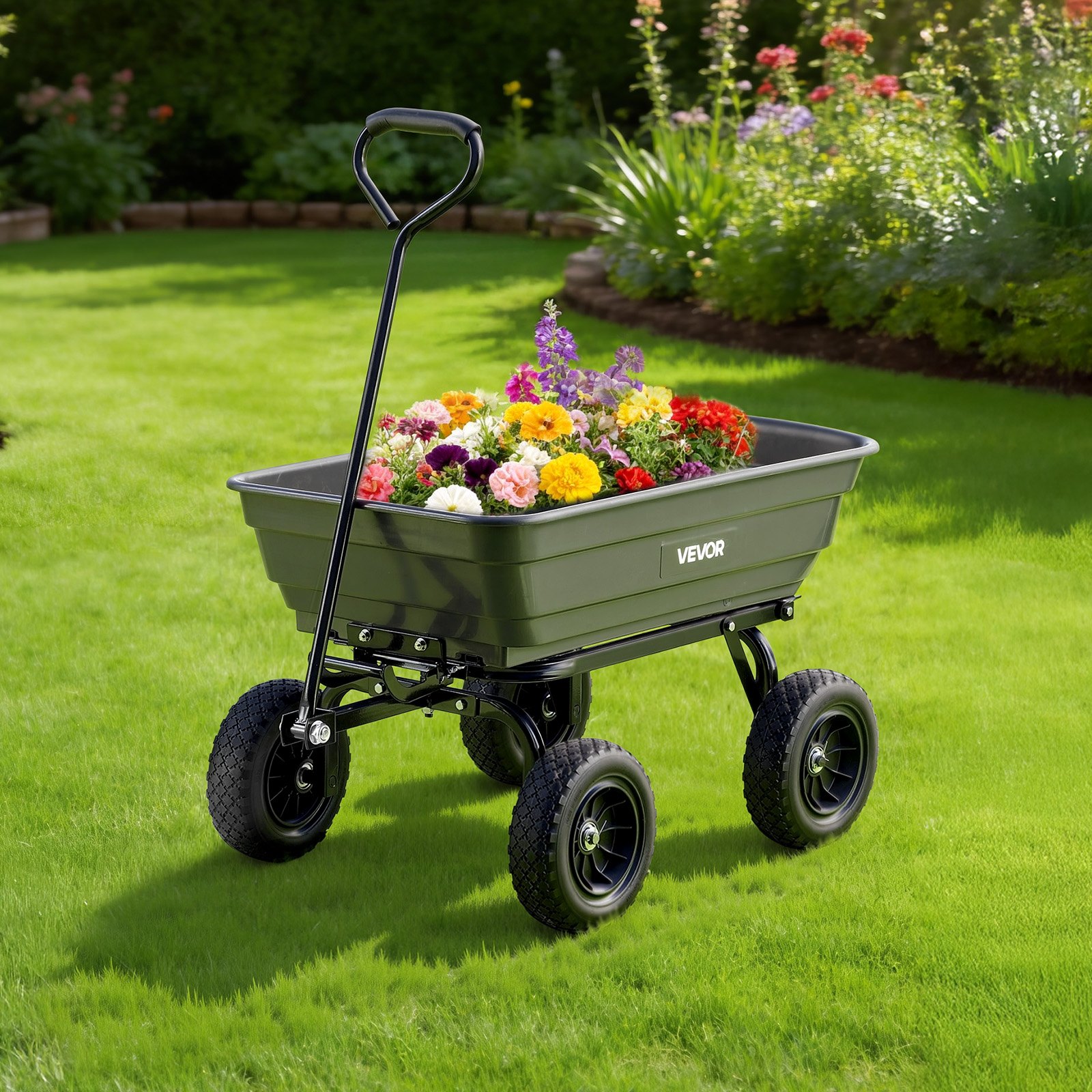 VEVOR Carro de Jardín con Función Basculante Carga de 272 kg, Carro de Jardín de Polietileno Mecanismo de Volcado de 90°, con Ruedas Giratorias de 180°, Rodamientos Flexibles de 270° para Plantas