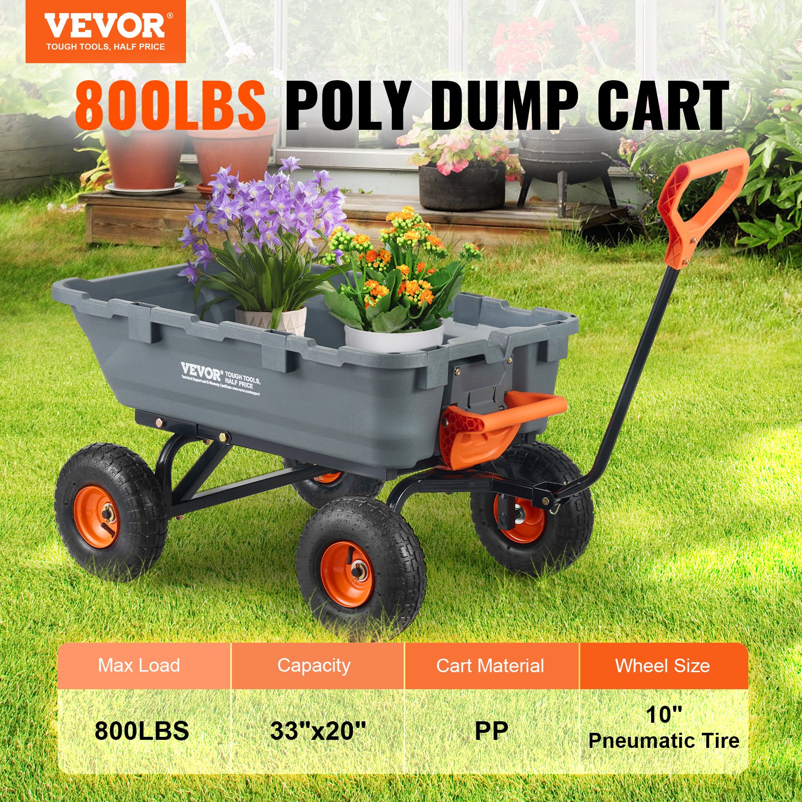 Carro volcador VEVOR, carro volcador de polietileno para jardín con marco de acero fácil de montar, carro volquete con mango convertible 2 en 1, carretilla utilitaria de 800 libras de capacidad, neumáticos de 10 pulgadas