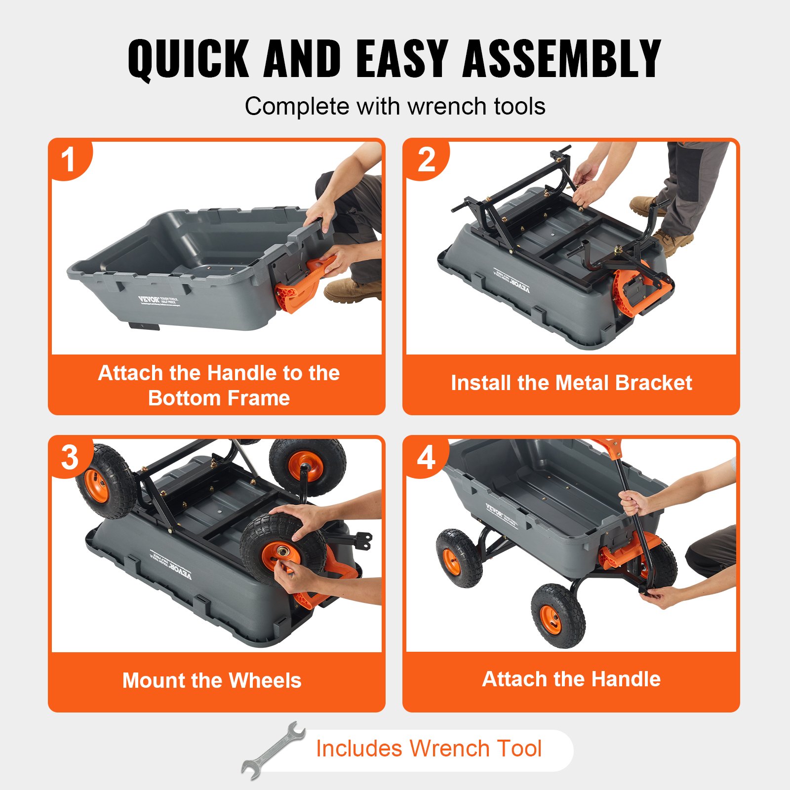 Carro volcador VEVOR, carro volcador de polietileno para jardín con marco de acero fácil de montar, carro volquete con mango convertible 2 en 1, carretilla utilitaria de 800 libras de capacidad, neumáticos de 10 pulgadas