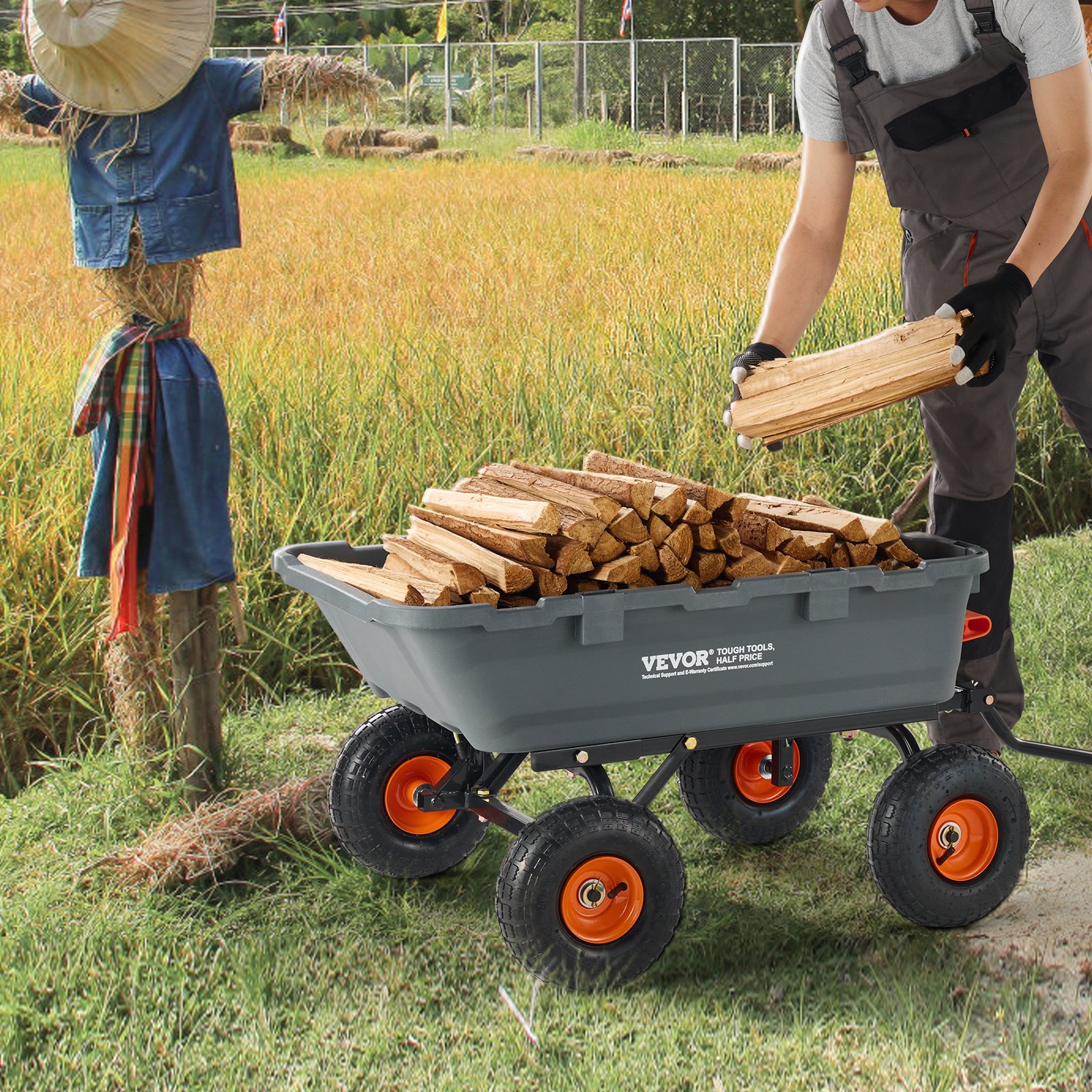 Carro volcador VEVOR, carro volcador de polietileno para jardín con marco de acero fácil de montar, carro volquete con mango convertible 2 en 1, carretilla utilitaria de 800 libras de capacidad, neumáticos de 10 pulgadas