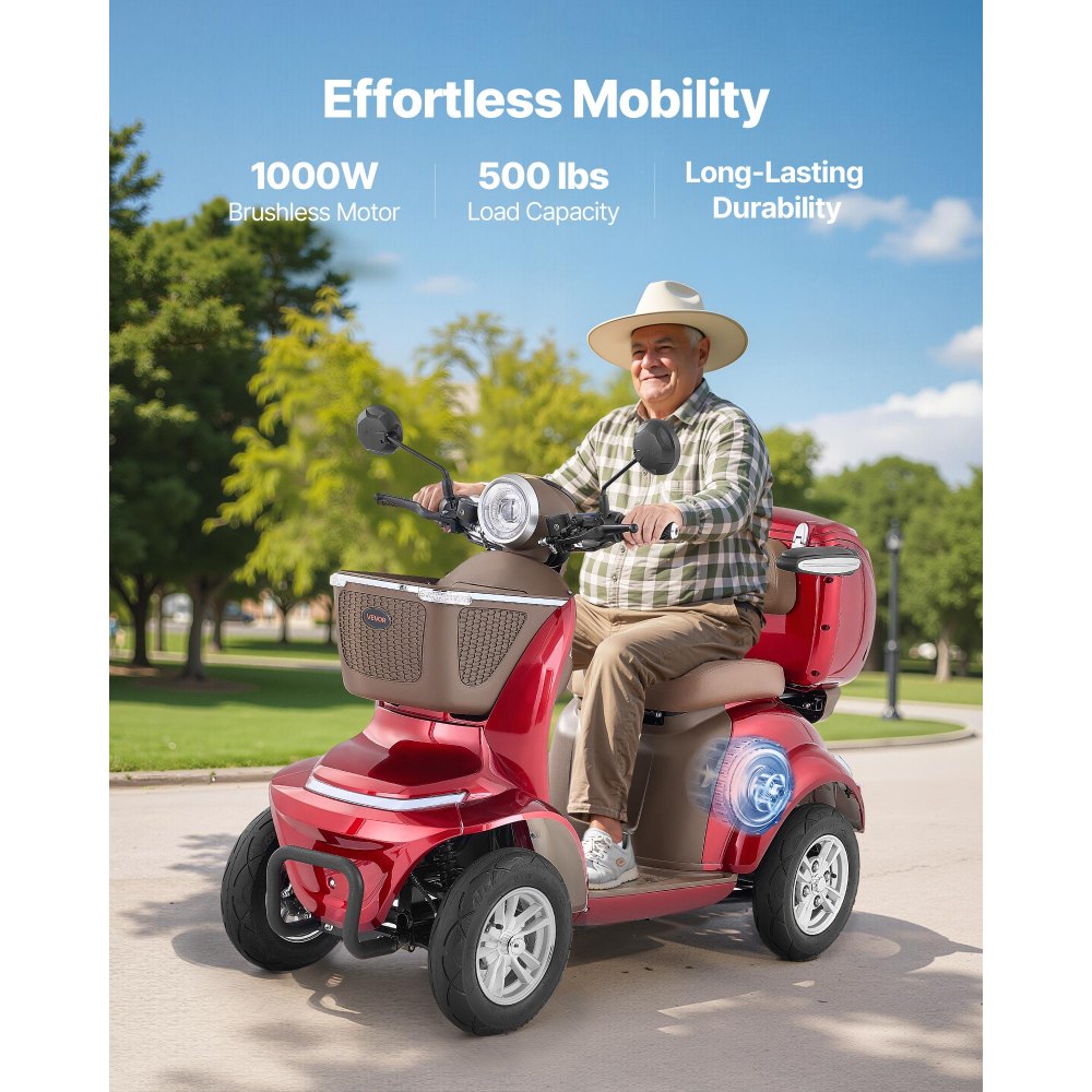 VEVOR Patinete Eléctrico de Movilidad 4 Ruedas, Capacidad de Carga 227 kg, para Personas Mayores con 3 Marchas, Autonomía 35 km, 1000 W, Todoterreno, Pendiente Máxima 20°, 1680 x 670 x 1170 mm