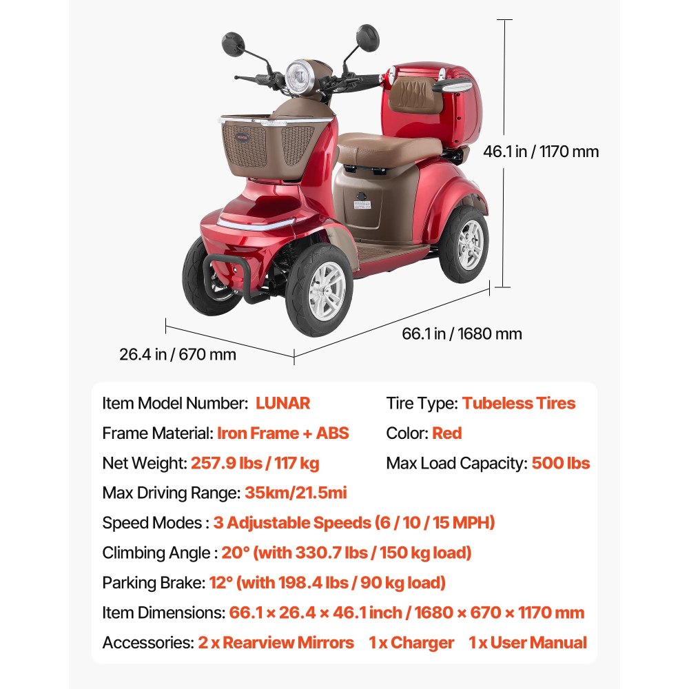 VEVOR Patinete Eléctrico de Movilidad 4 Ruedas, Capacidad de Carga 227 kg, para Personas Mayores con 3 Marchas, Autonomía 35 km, 1000 W, Todoterreno, Pendiente Máxima 20°, 1680 x 670 x 1170 mm