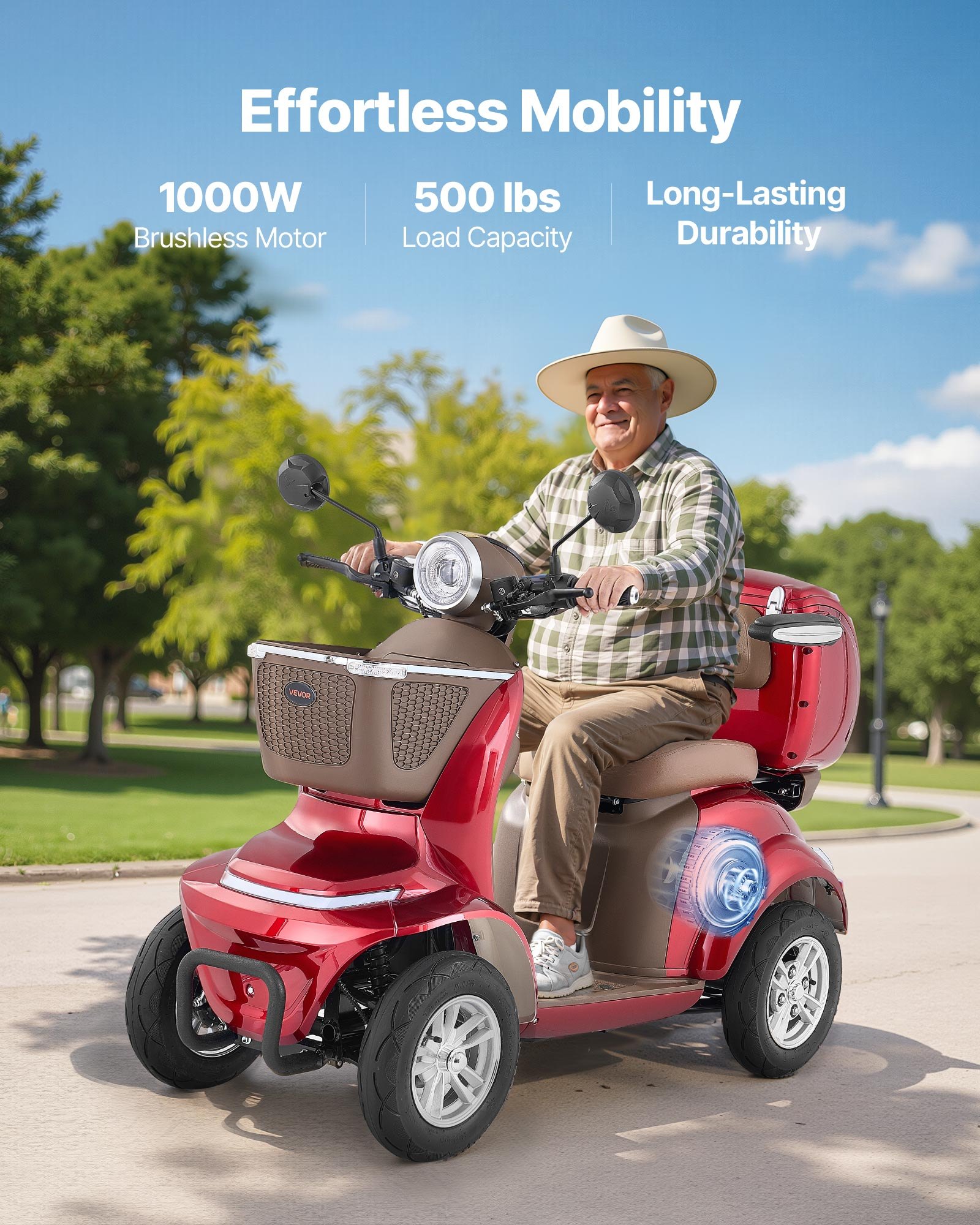 VEVOR Patinete Eléctrico de Movilidad 4 Ruedas, Capacidad de Carga 227 kg, para Personas Mayores con 3 Marchas, Autonomía 35 km, 1000 W, Todoterreno, Pendiente Máxima 20°, 1680 x 670 x 1170 mm