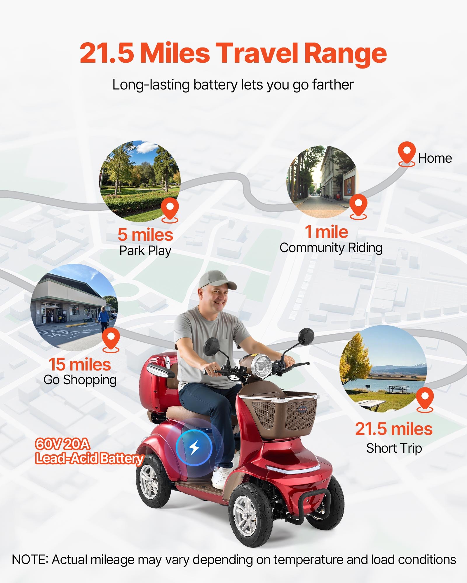 VEVOR Patinete Eléctrico de Movilidad 4 Ruedas, Capacidad de Carga 227 kg, para Personas Mayores con 3 Marchas, Autonomía 35 km, 1000 W, Todoterreno, Pendiente Máxima 20°, 1680 x 670 x 1170 mm