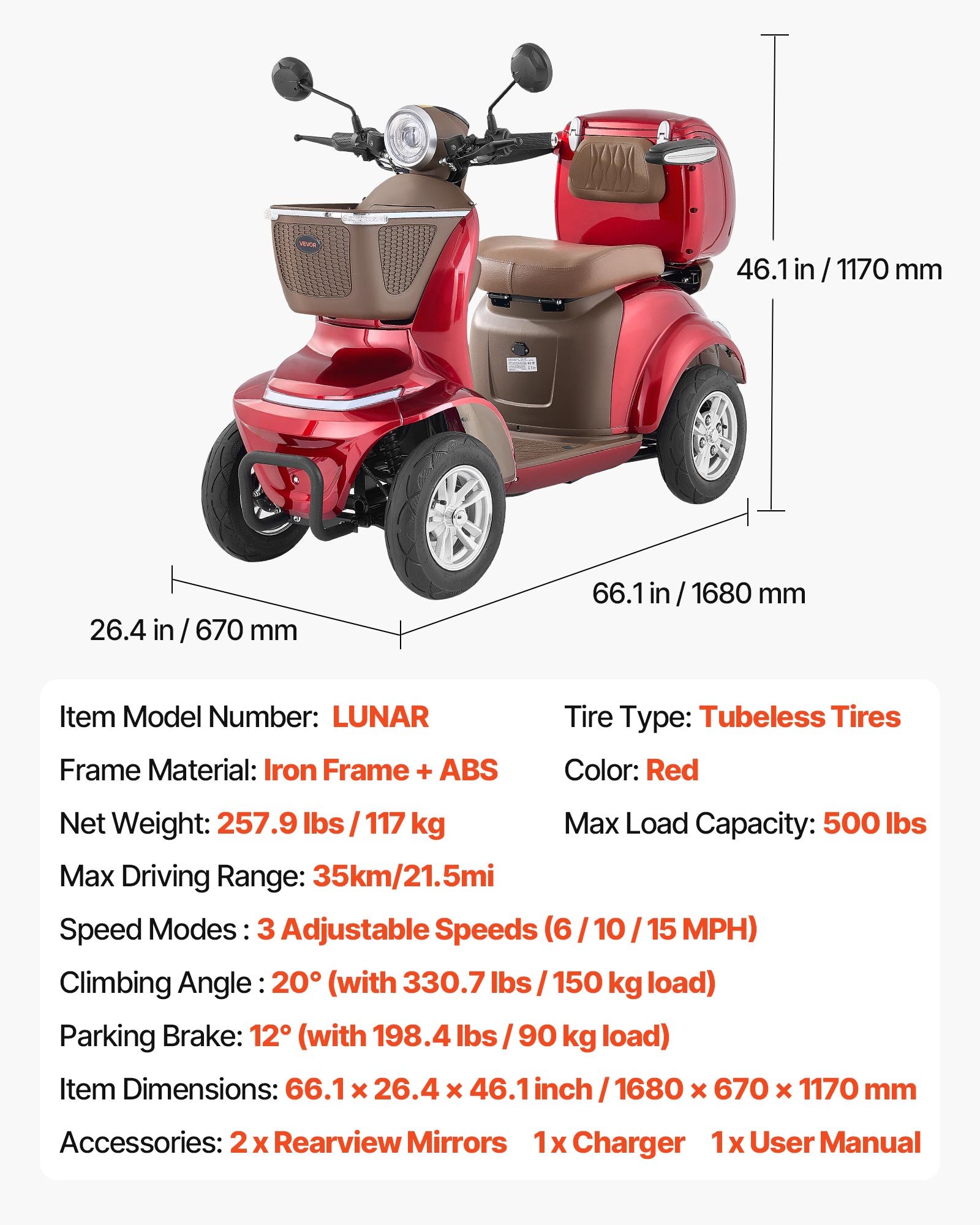 VEVOR Patinete Eléctrico de Movilidad 4 Ruedas, Capacidad de Carga 227 kg, para Personas Mayores con 3 Marchas, Autonomía 35 km, 1000 W, Todoterreno, Pendiente Máxima 20°, 1680 x 670 x 1170 mm