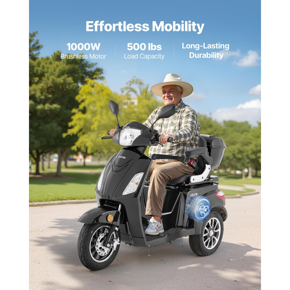 VEVOR Patinete de Movilidad de 3 Ruedas, para Personas Mayores y Adultos, Capacidad de Carga de 227 kg, Rueda de Movilidad, Autonomía de 35 km con 3 Velocidades, 1000 W, Pendiente Máxima de 20°