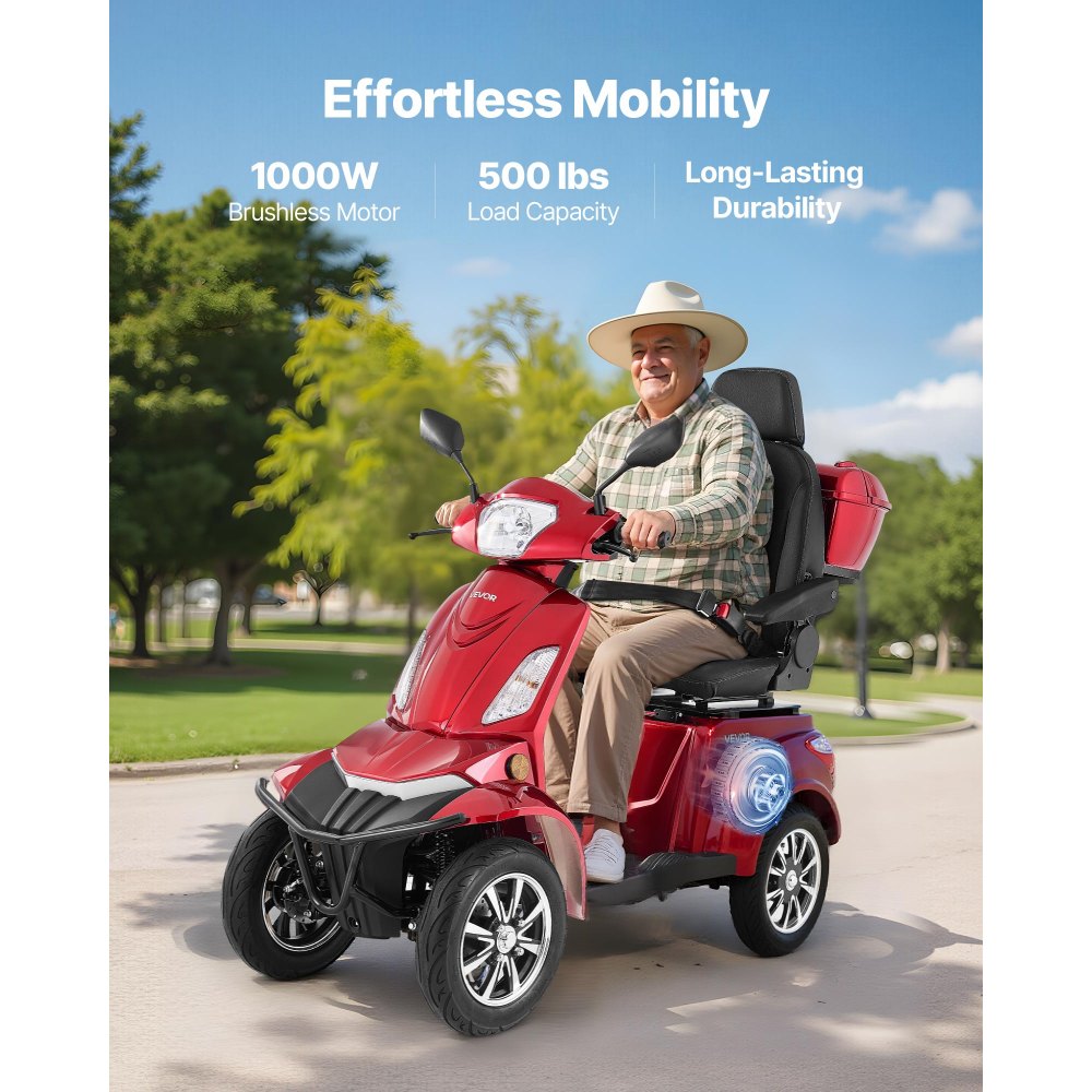 VEVOR Patinete Eléctrico de Movilidad de 4 Ruedas, para Personas Mayores, Capacidad de Carga de 227 kg, Autonomía de 35 km con 3 Velocidades, 1 kW, Todoterreno, Pendiente Máxima de 20°, Rojo