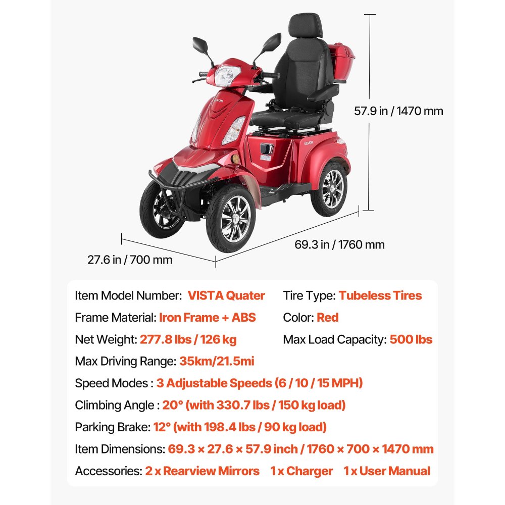 VEVOR Patinete Eléctrico de Movilidad de 4 Ruedas, para Personas Mayores, Capacidad de Carga de 227 kg, Autonomía de 35 km con 3 Velocidades, 1 kW, Todoterreno, Pendiente Máxima de 20°, Rojo