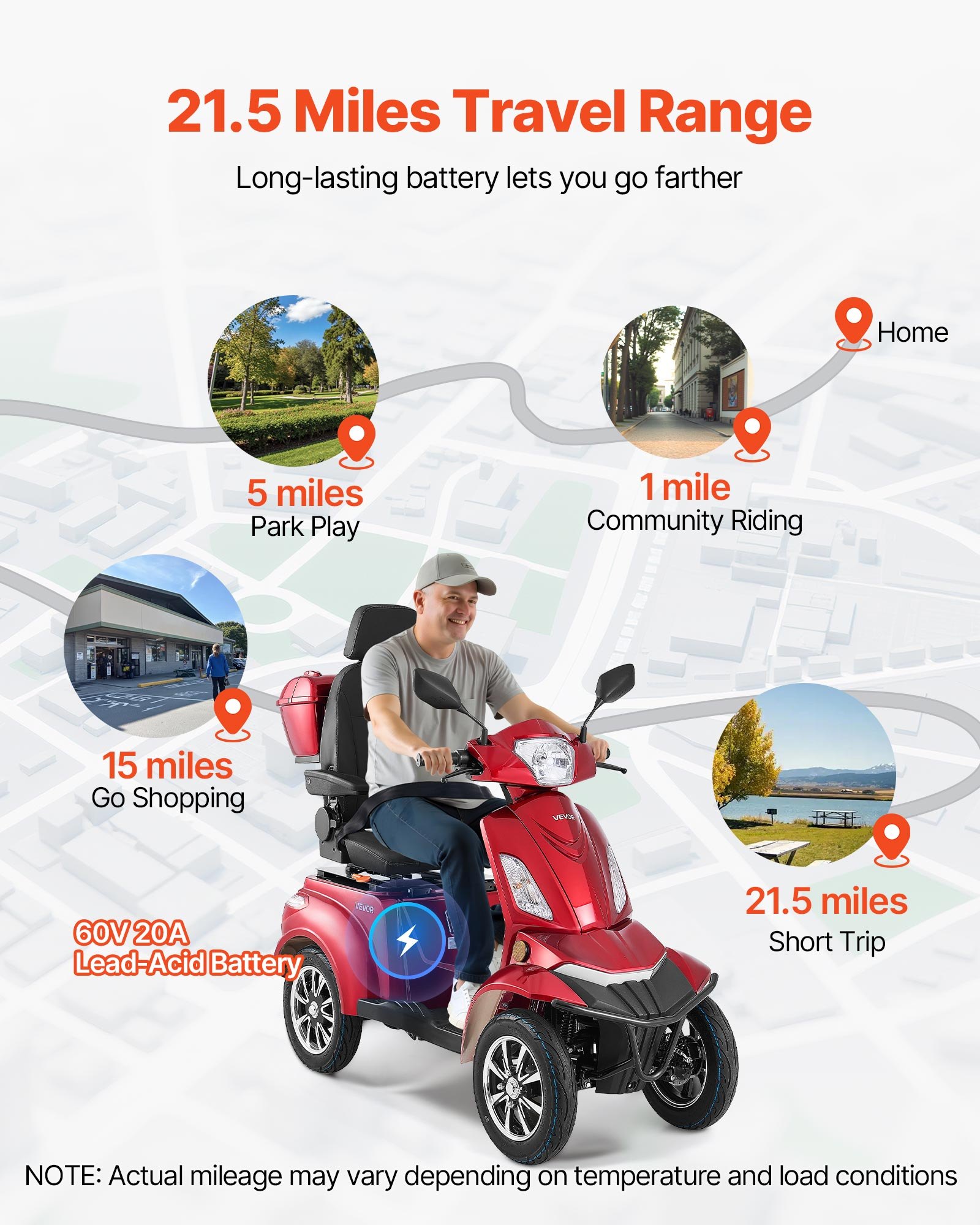 VEVOR Patinete Eléctrico de Movilidad de 4 Ruedas, para Personas Mayores, Capacidad de Carga de 227 kg, Autonomía de 35 km con 3 Velocidades, 1 kW, Todoterreno, Pendiente Máxima de 20°, Rojo