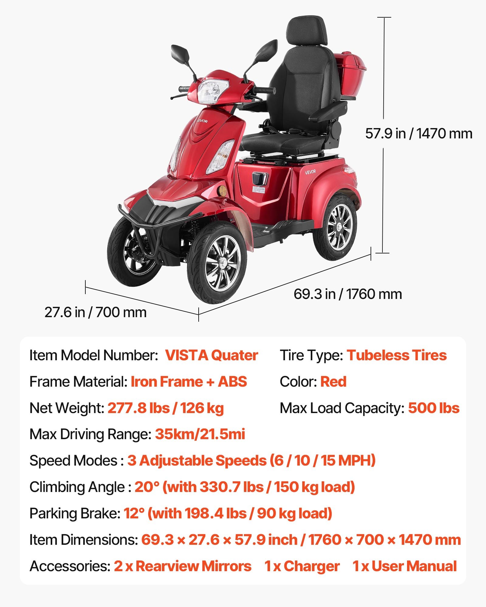 VEVOR Patinete Eléctrico de Movilidad de 4 Ruedas, para Personas Mayores, Capacidad de Carga de 227 kg, Autonomía de 35 km con 3 Velocidades, 1 kW, Todoterreno, Pendiente Máxima de 20°, Rojo