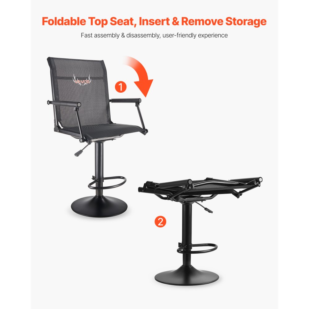 VEVOR Silla de Caza Giratoria Silenciosa de 360°, Ligera, con Estructura de Acero Resistente, Asiento Tipo Taburete, Reposabrazos Acolchados, Carga 136 kg, para Pesca y Camping al Aire Libre.