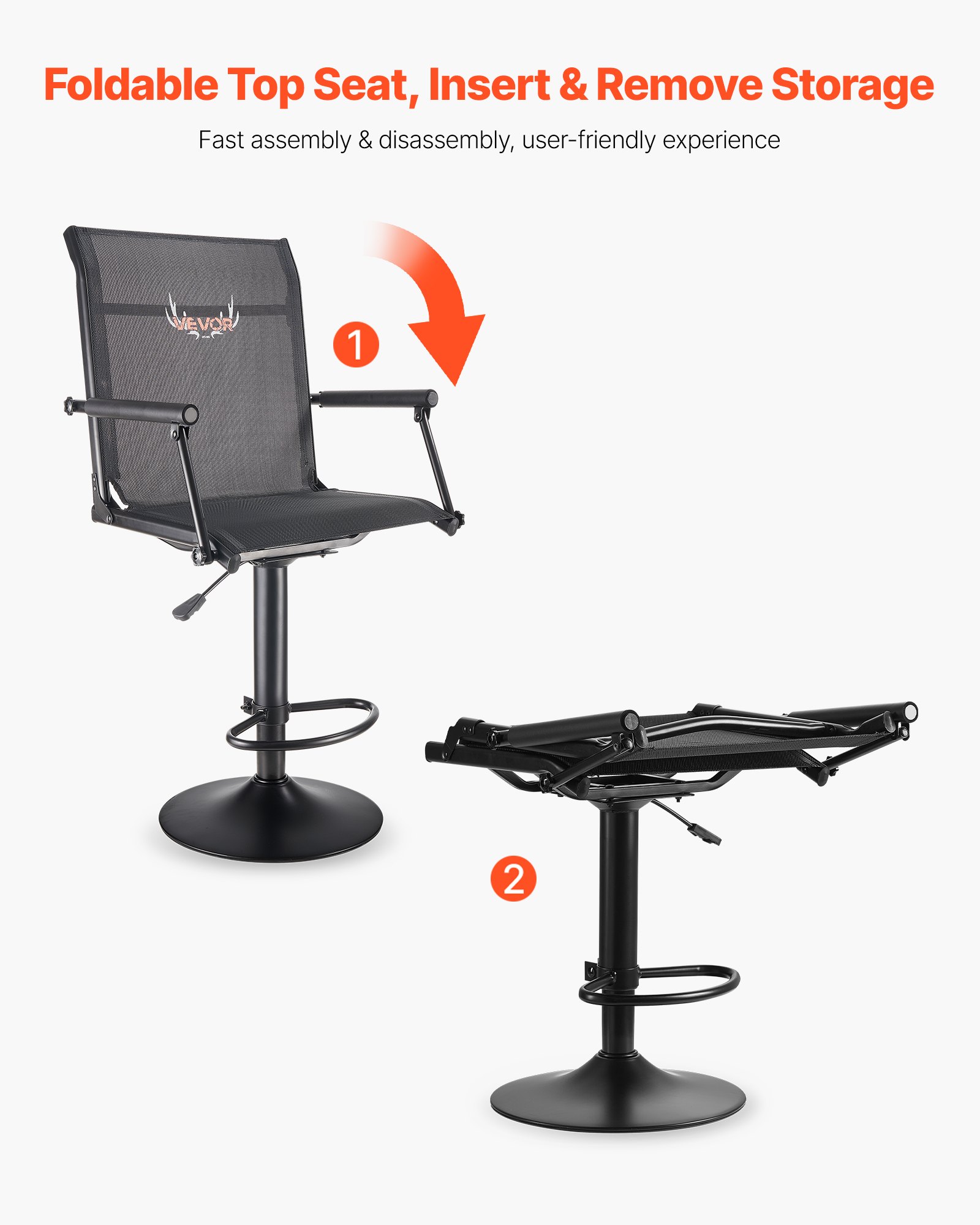 VEVOR Silla de Caza Giratoria Silenciosa de 360°, Ligera, con Estructura de Acero Resistente, Asiento Tipo Taburete, Reposabrazos Acolchados, Carga 136 kg, para Pesca y Camping al Aire Libre.