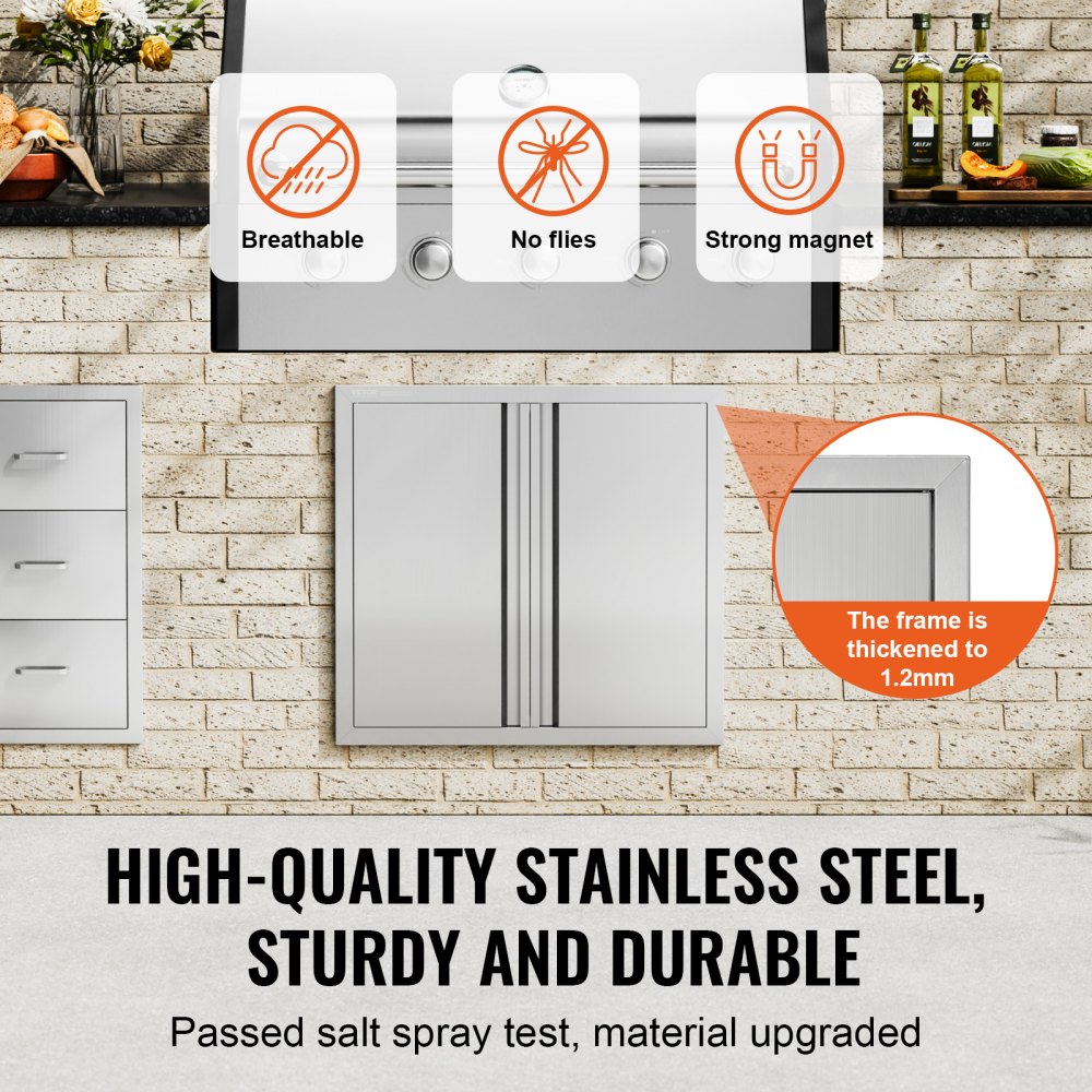VEVOR Puerta de Acceso a Barbacoa 660 x 610 x 45 mm Puerta de Cocina Exterior Doble Puerta Empotrada de Acero Inoxidable con Manija para Isla de Barbacoa, Estación de Parrilla, Armario Exterior