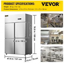 VEVOR Refrigerador Independiente 780 L Gran Capacidad Nevera con Puertas 272 W Nevera y Congelador Independiente 121x70x195 cm Material de Acero Inoxidable, Control de Temperatura Separado 4 Puertas