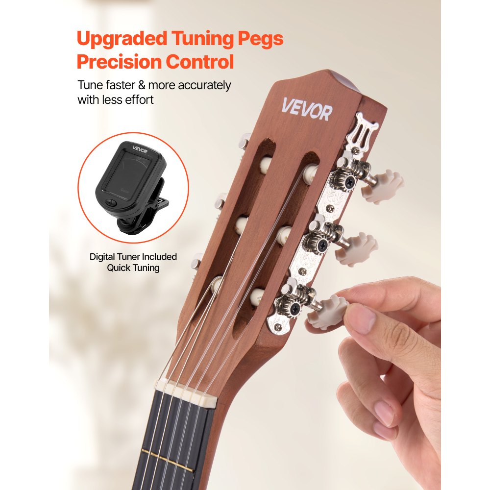 VEVOR Guitarra Clásica, Kit de Guitarra Clásica de Madera de 900 mm con Cuerdas de Nailon, Funda, Correa, Afinador, Cuerdas Adicionales, Púas, Cejilla, Sapeli y Palisandro, para Estudiantes, Natural