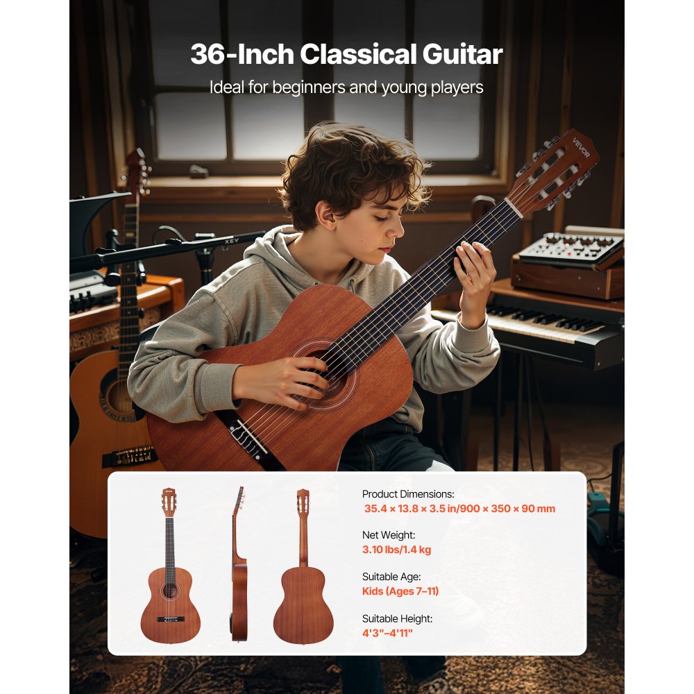 VEVOR Guitarra Clásica, Kit de Guitarra Clásica de Madera de 900 mm con Cuerdas de Nailon, Funda, Correa, Afinador, Cuerdas Adicionales, Púas, Cejilla, Sapeli y Palisandro, para Estudiantes, Natural