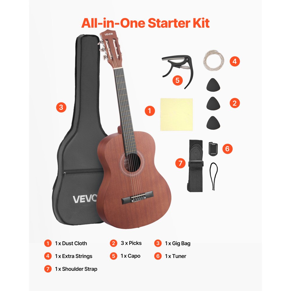 VEVOR Guitarra Clásica, Kit de Guitarra Clásica de Madera de 900 mm con Cuerdas de Nailon, Funda, Correa, Afinador, Cuerdas Adicionales, Púas, Cejilla, Sapeli y Palisandro, para Estudiantes, Natural