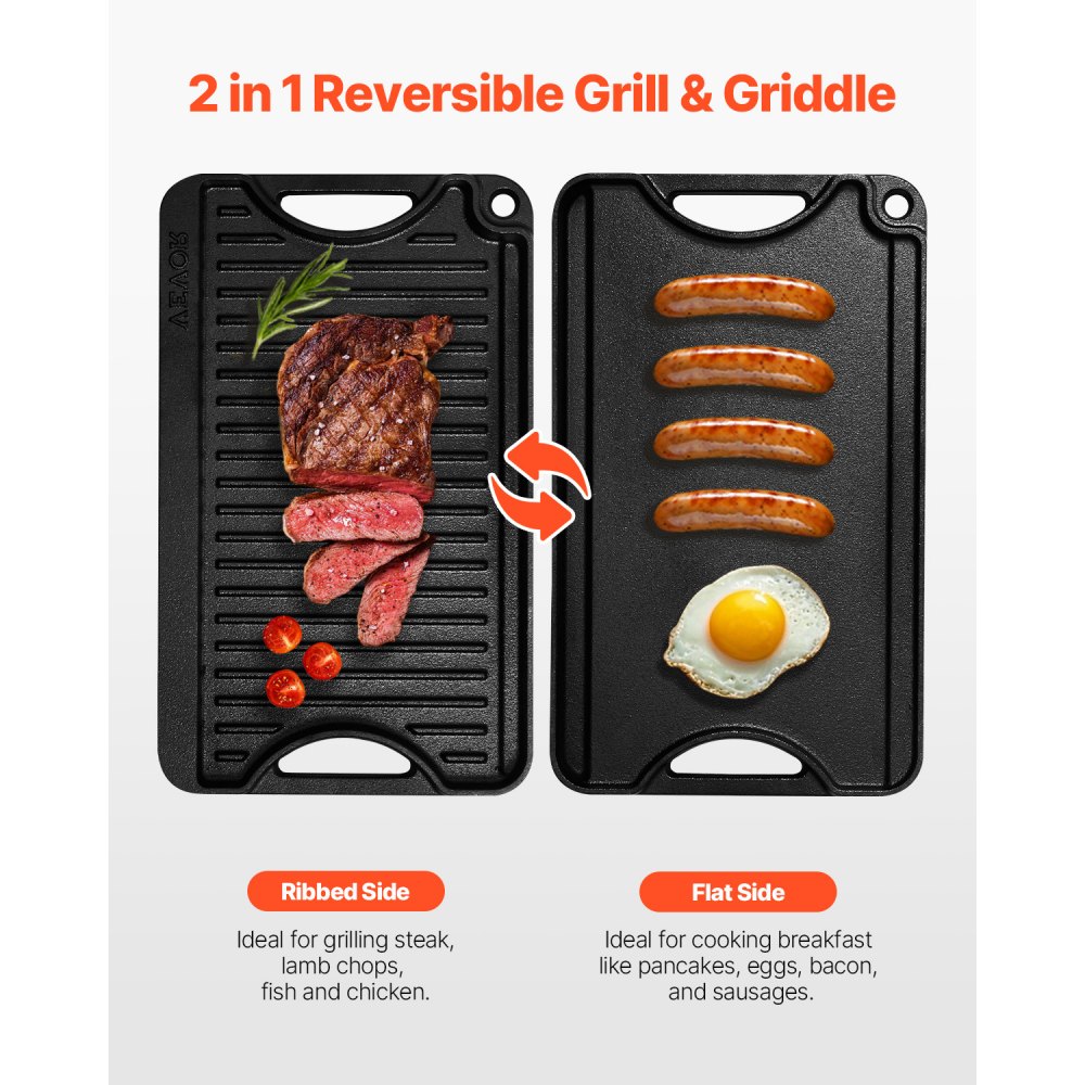 VEVOR Plancha de Hierro Fundido Reversible(185 x 342 mm), Sartén para Barbacoa Rectangular Portátil con Asa, Utensilios de Cocina Familiares para Interiores y Exteriores, Parrilla, Color Negro